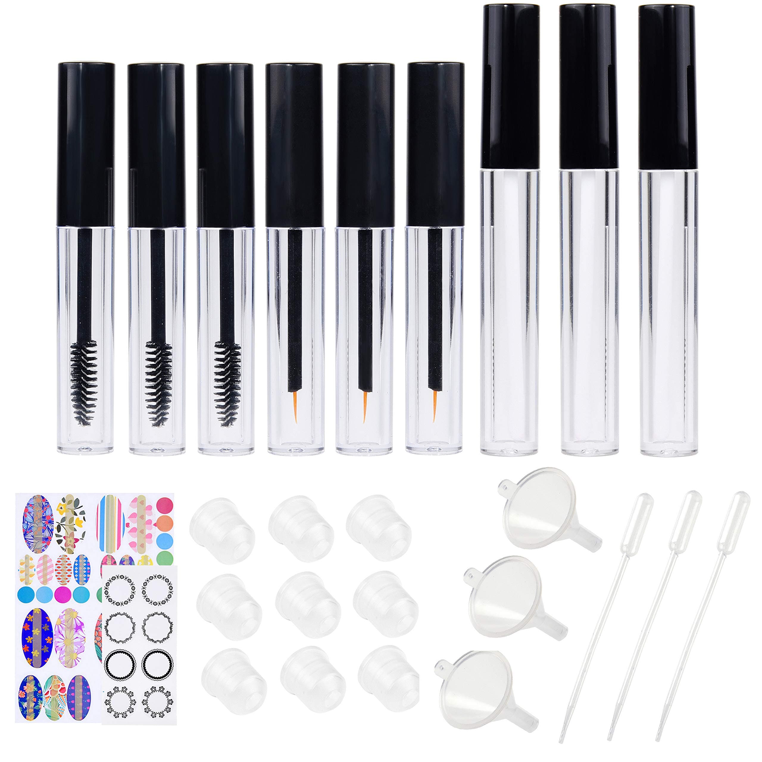 9 pcs. Empty Refillable Mascara Tube, Eyeliner Bottle, Lip Gloss Vials - Containers with Wands, Brushes, Rubber Inserts, Mini Dropper and Mini Funnel - Labels included