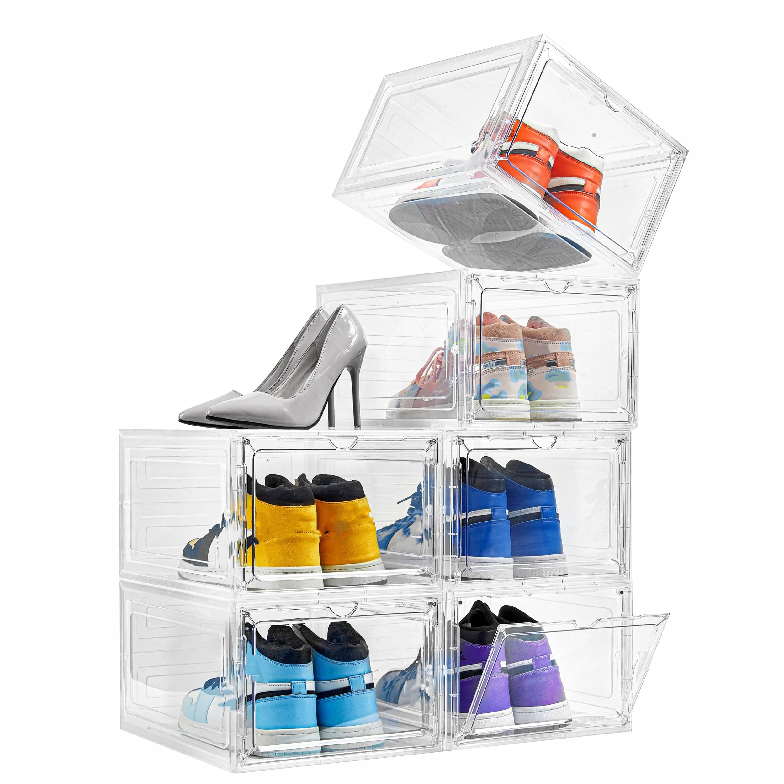 Shoe Box Organizer,Set of 6,Stackable Plastic Shoe Box with Clear Door, Shoe Storage Box Containers,For Display Sneakers,Easy Assembly,Fit up to US Size 12(13.4”x 10.6”x 7.4”)