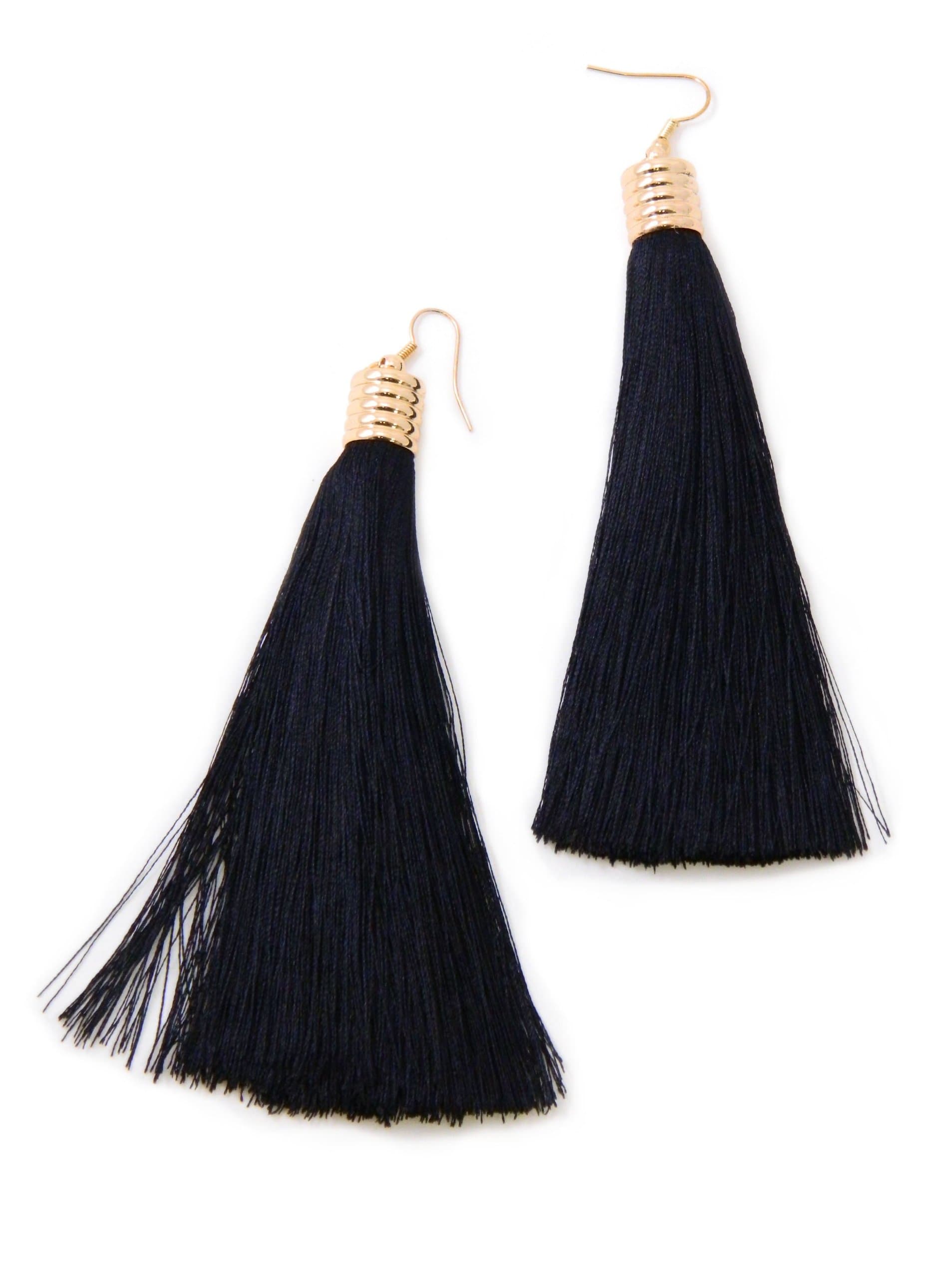 Classic Long Black Tassel Fringed Brush Dangle Statement Hook Earrings