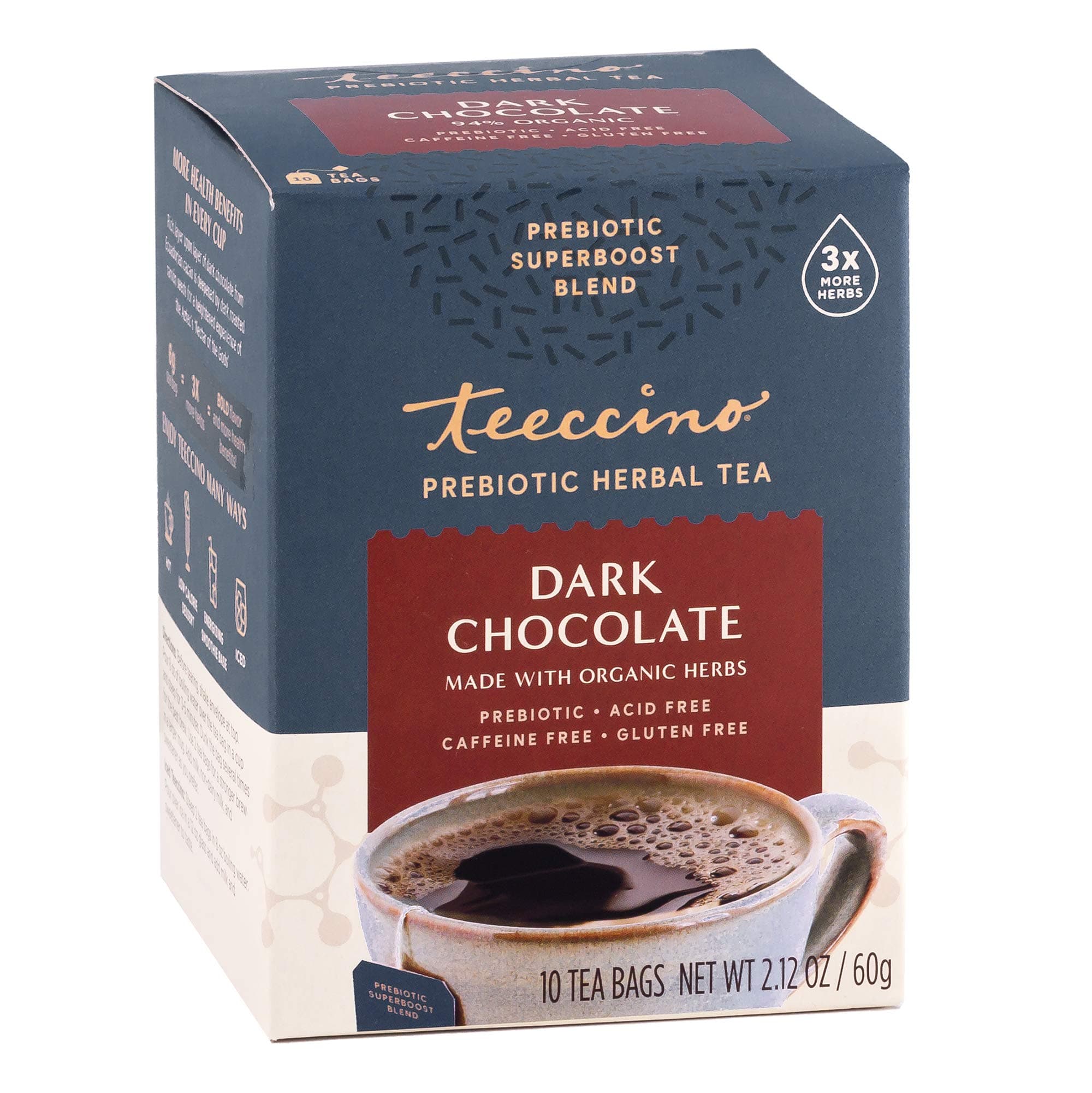 Dark Chocolate - Prebiotic SuperBoost™ Herbal Tea - Support Your Probiotics with Prebiotics For Good Gut Health and Regularity, Digestive Chocolate Tea, 10 Tea Bags