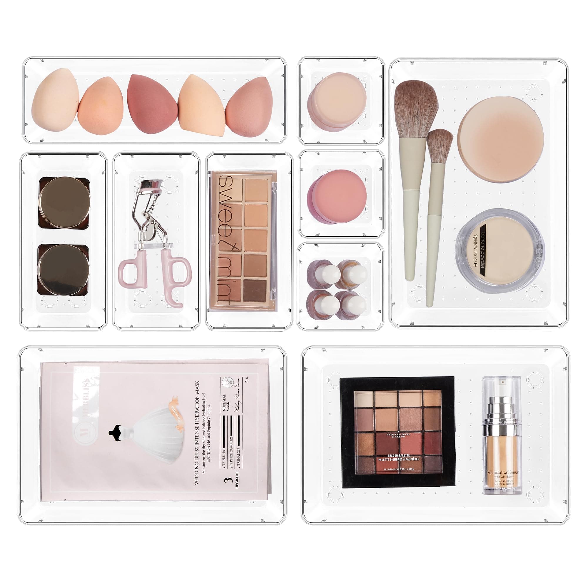 Vtopmart 10 Pcs Makeup Drawer Organizer Bins Set, 4 Size Plastic Makeup and Vanity Organizer Trays, Clear Acrylic Vanity Storage Containers for Cosmetics, Toiletries, Jewelry, Gadgets, Office Supply