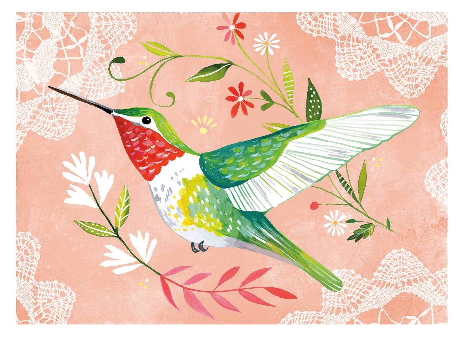 Katie Daisy 10-Count Recycled Note Cards, Hummingbird