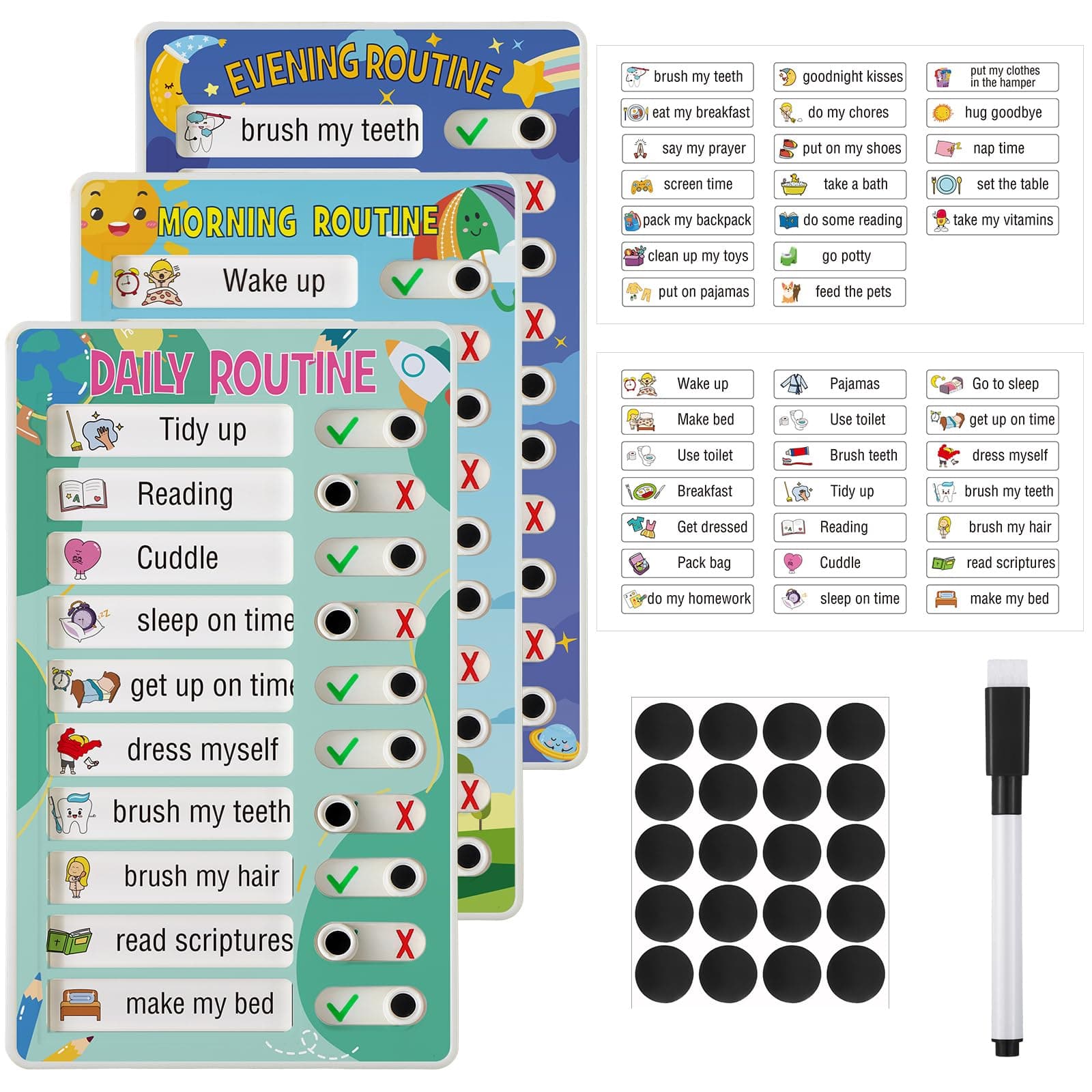 3 Pcs Daily Routine Chart for Kids Magnetic Visual Daily Schedule for Kids Chore Chart for Toddlers Schedule Board Routine Chart Checklist for Morning Home Bedtime Activity Reward