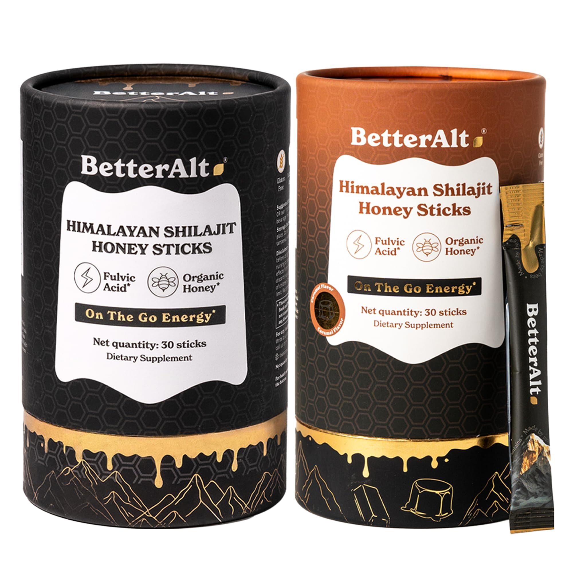 Better Alt Pure Himalayan Shilajit Sticks 2 Pack (Classic + Caramel Flavour)| Easy to Consume Shilajit| Energy Boost & Immune Support, 85+ Trace Minerals, 75%+ Fulvic Acid |60 Sticks