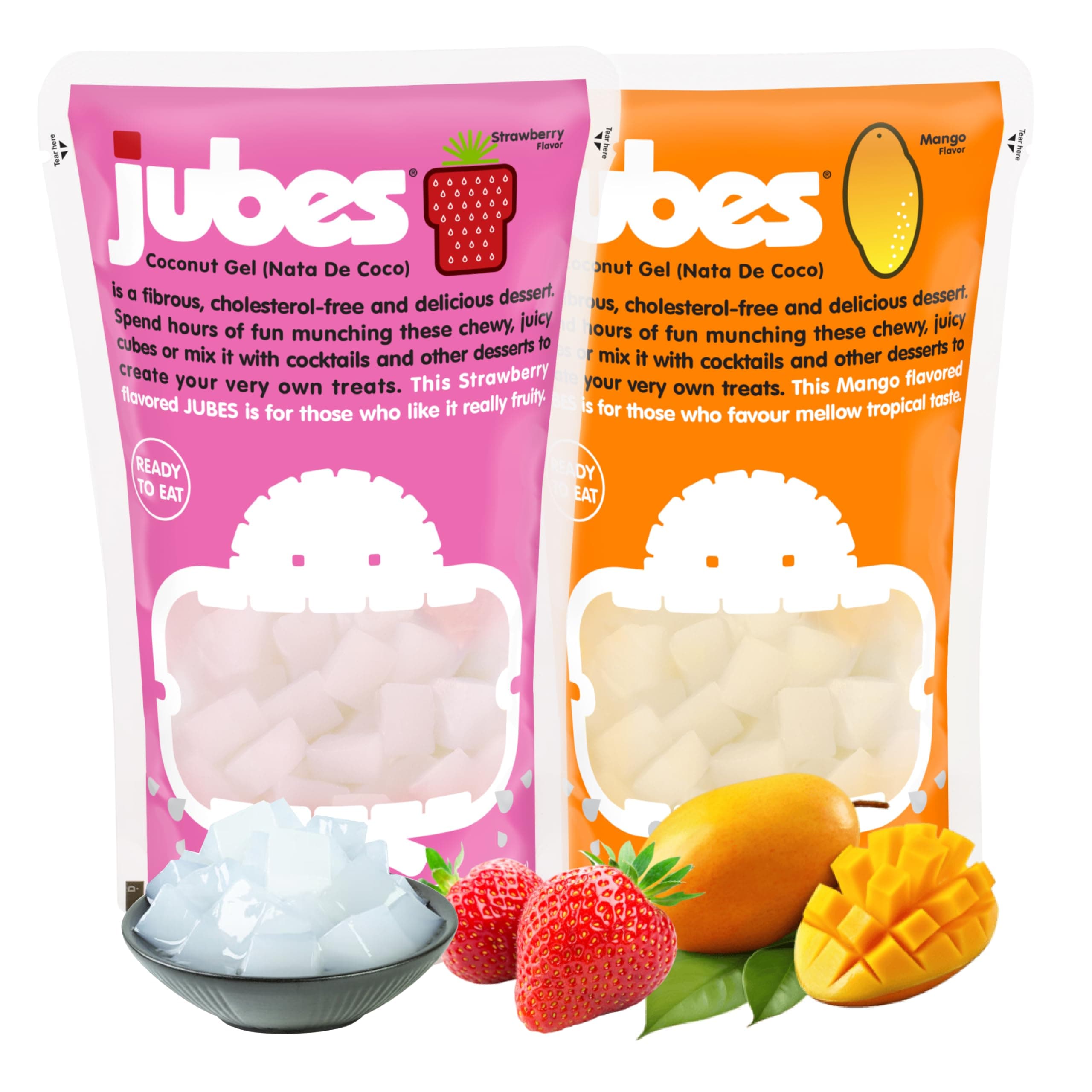 Jubes Strawberry & Mango Nata De Coco Jelly Cubes (12.7 oz, 3 of Each Flavor) - Strawberry & Mango Coconut Jelly Cubes for Sago - Coconut Gel in Syrup Toppings for Fruit Tea, Boba, Bubble Tea, Drinks, Desserts Yogurt, Ice Cream, Beverage