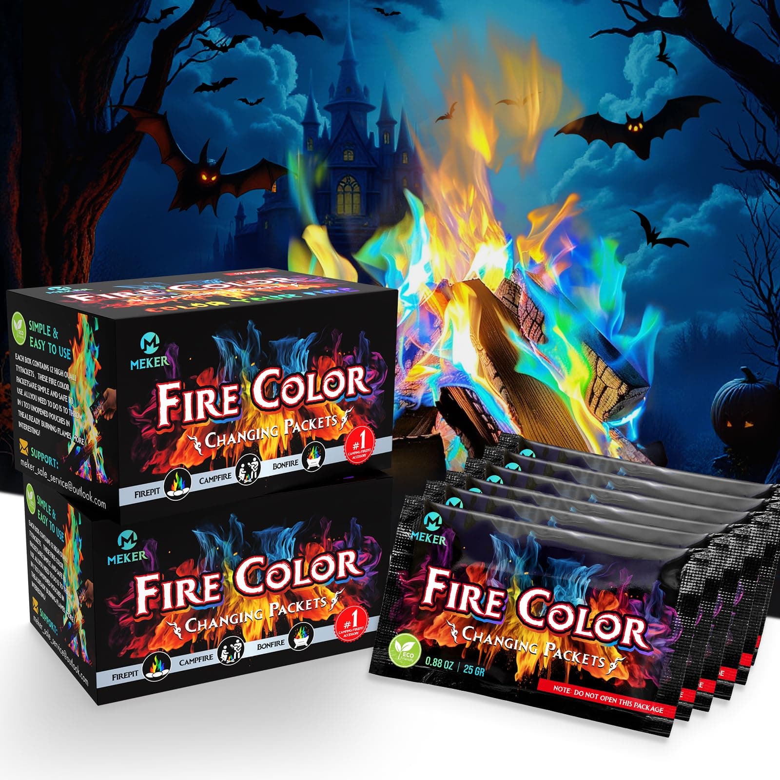 MEKER Fire Color Changing Packets - Fire Pit, Campfires, Outdoor Fireplaces, Bonfire - Magic Colorful Changing Fire - Perfect Fire Camping Accessories for Kids & Adults (24 Pack)
