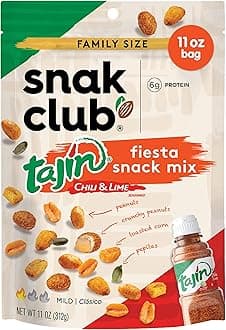 Snak Club Tajin Fiesta Snack Mix, Peanuts, Crunchy Peanuts, Toasted Corn, and Pepitas with Chili and Lime Seasoning, Mild, 11 oz Resealable Bag