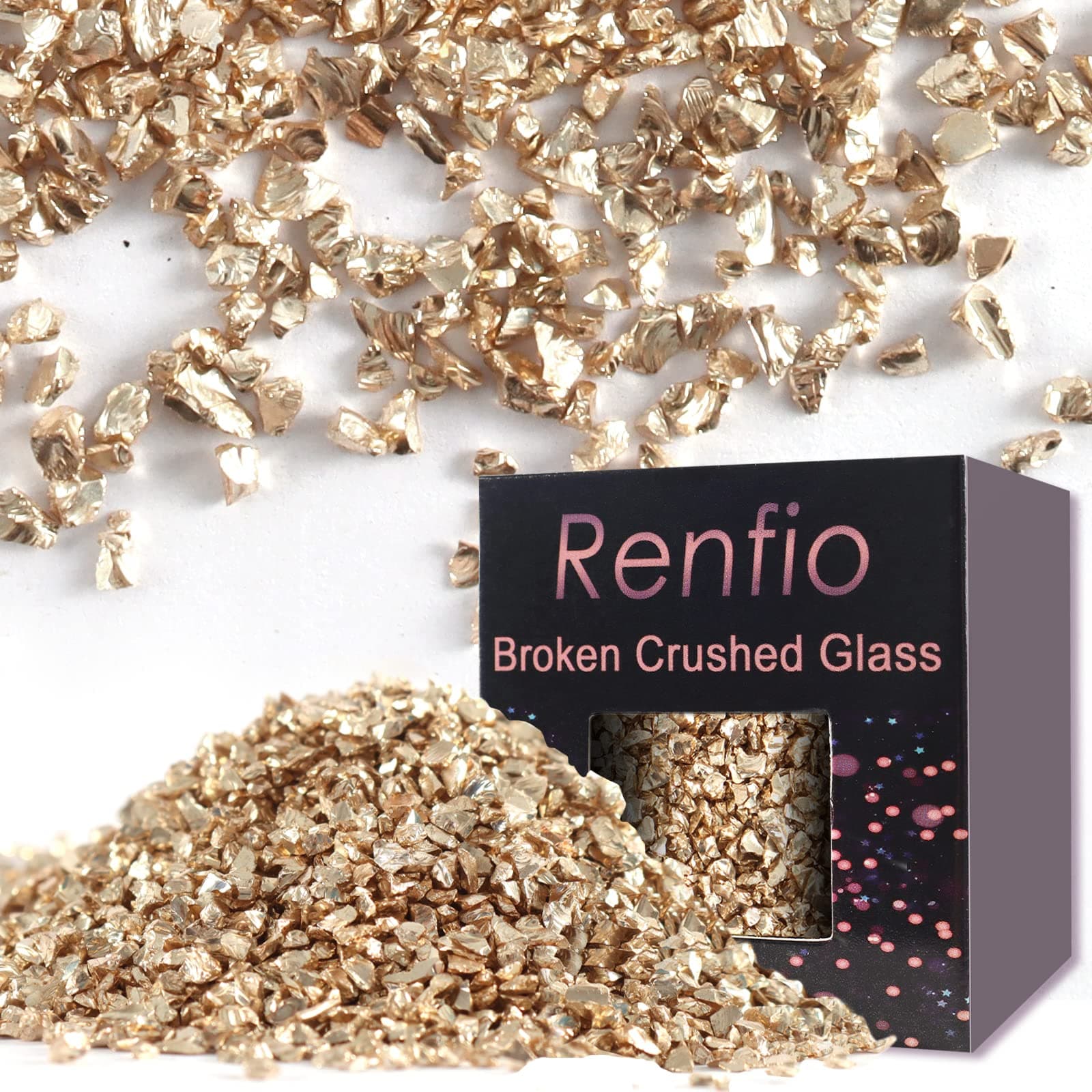 Broken Crushed Glass Glitter 2-4mm Irregular Small Metallic Chunky Chips 7 Oz (200g) High Luster Craft Sequins Gravel for DIY Phone Case Geode Resin Art Coasters Ornament - Champagne Gold