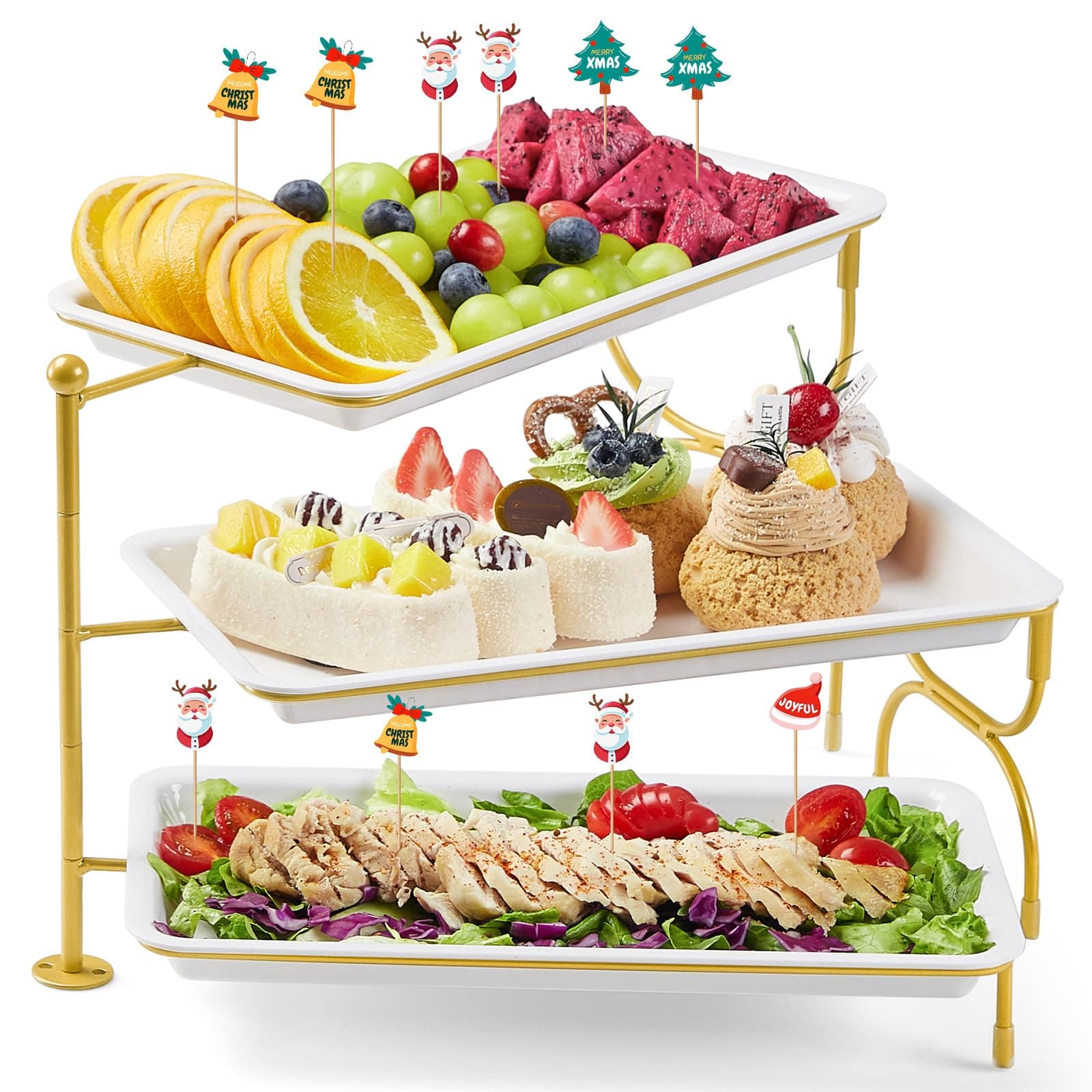 Lifewit 3-Tier Plastic Serving Plate, 30 x 17 cm, White Tray Serving Tray with Yellow Metal Rack, 3 Tiers for Vegetables, Fruits, Biscuits, Desserts, Buffet Party Accessories