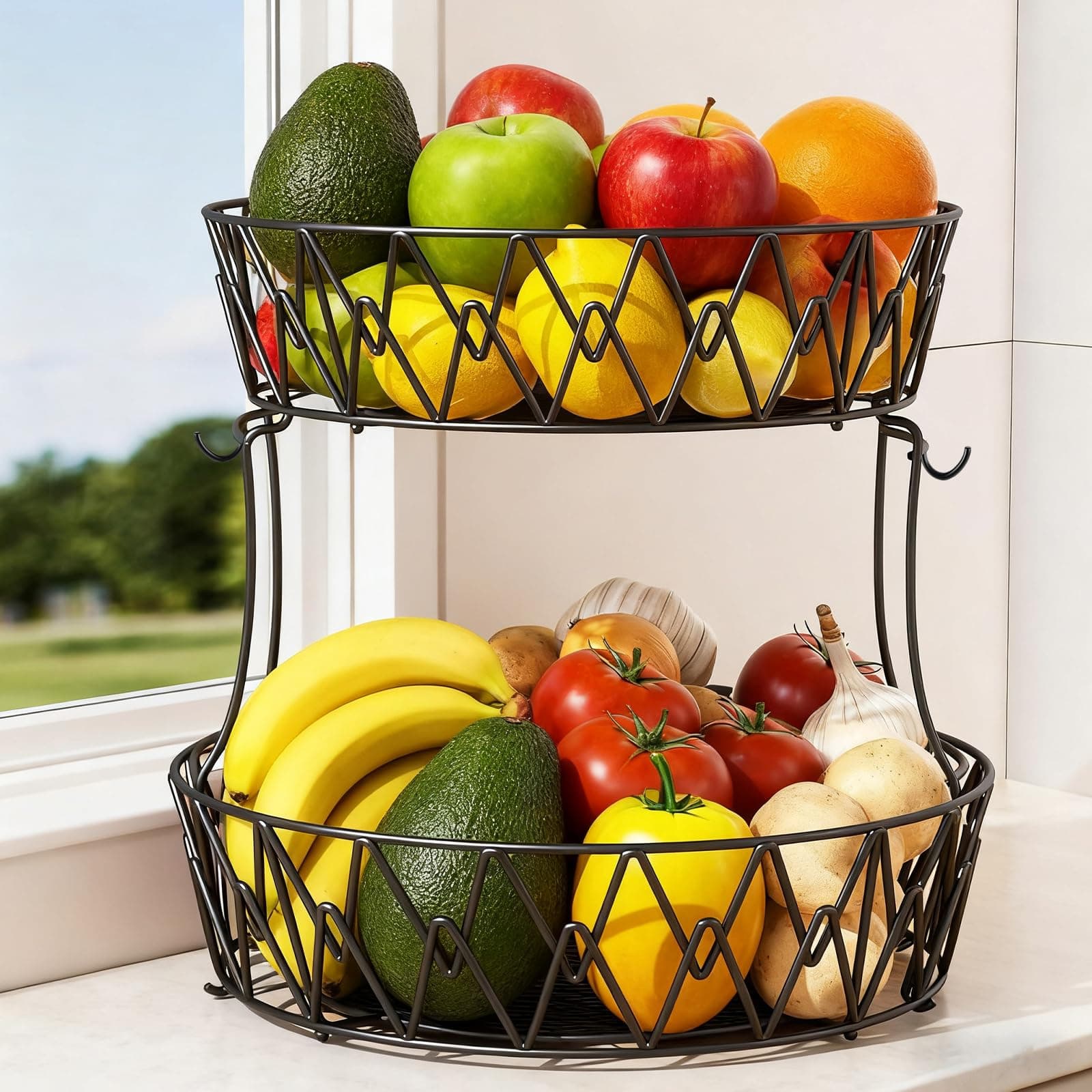 2-Tier Wire Fruit Basket for Kitchen Counter,Corner Fruit Stand Stackable,Two Tier Vegetable Holder for Kitchen,Countertop Metal Fruit Rack Storage for Fruits,Veggies,Snacks,Onions,Round