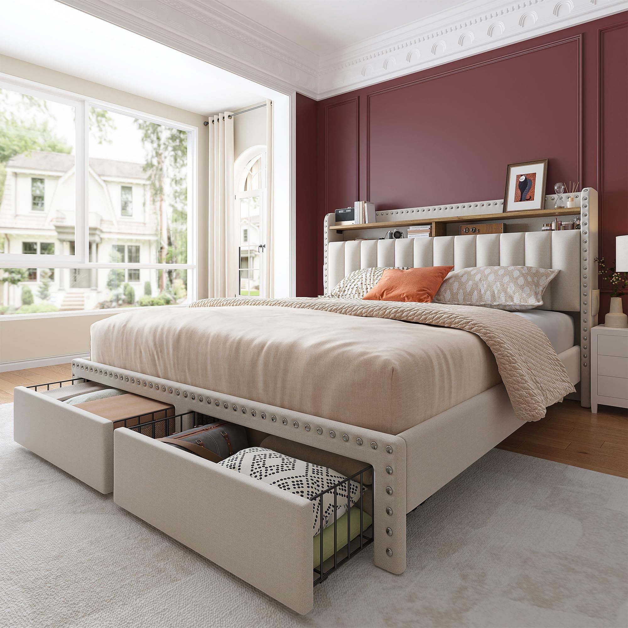 EnHomee Full Bed Frame with Headboard and Storage, Upholstered Full Bed Frame with Storage, Full Size Bed Frame with 2 Drawers, Full Size Bed Frame with Storage and Headboard, NO Noise