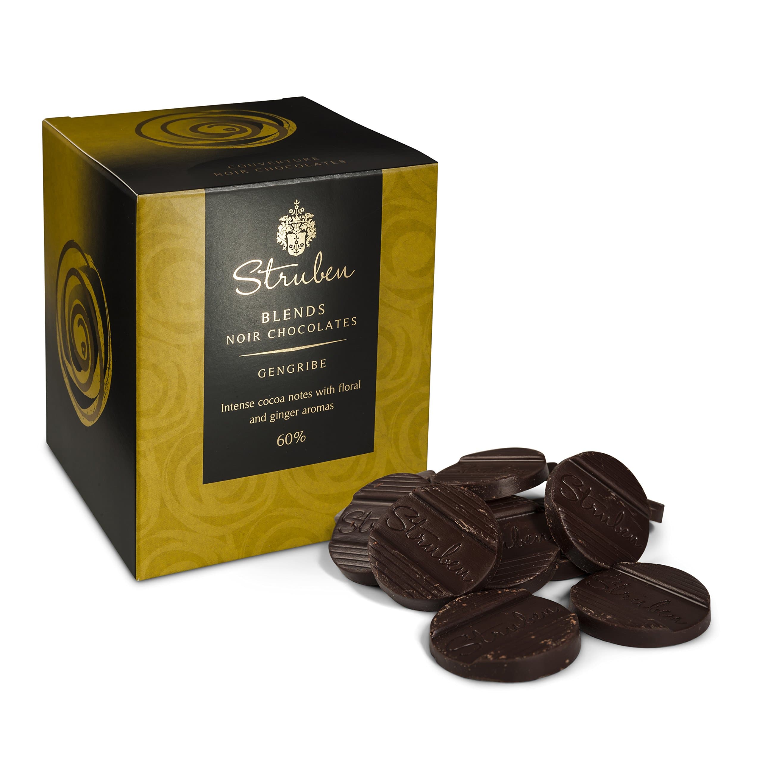 Struben Gengribe Dark Chocolate Couverture - Intense 60% Cocoa Notes with Floral and Ginger Aromas - 16 couverture Dark Chocolates - couverture Contains Less Sugar
