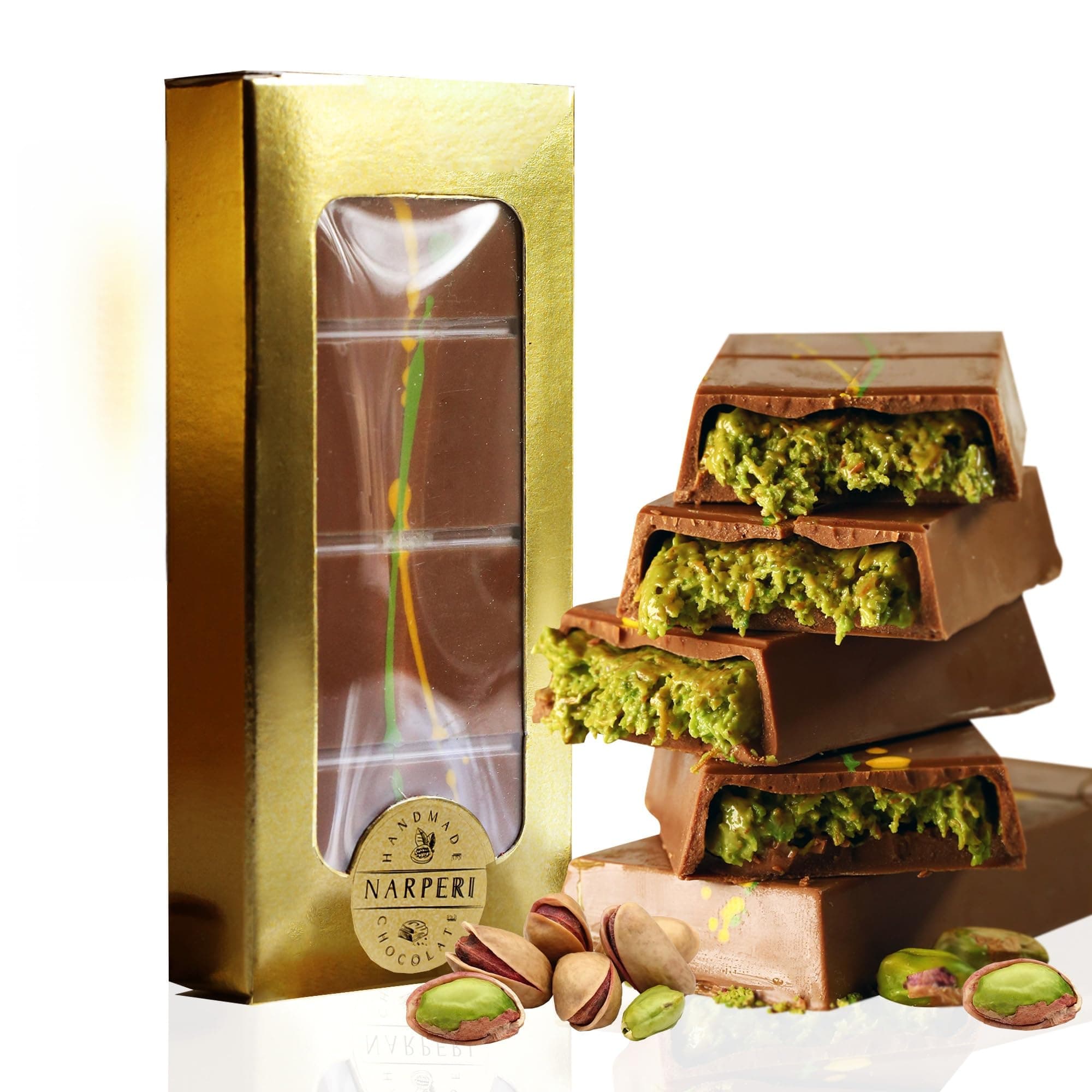 2 PACK - Narperi Dubai Chocolate Bar (total 7 oz) Handmade with Premium Pistachio Cream, Finest Belgian Milk Chocolate and Crispy Kunafah