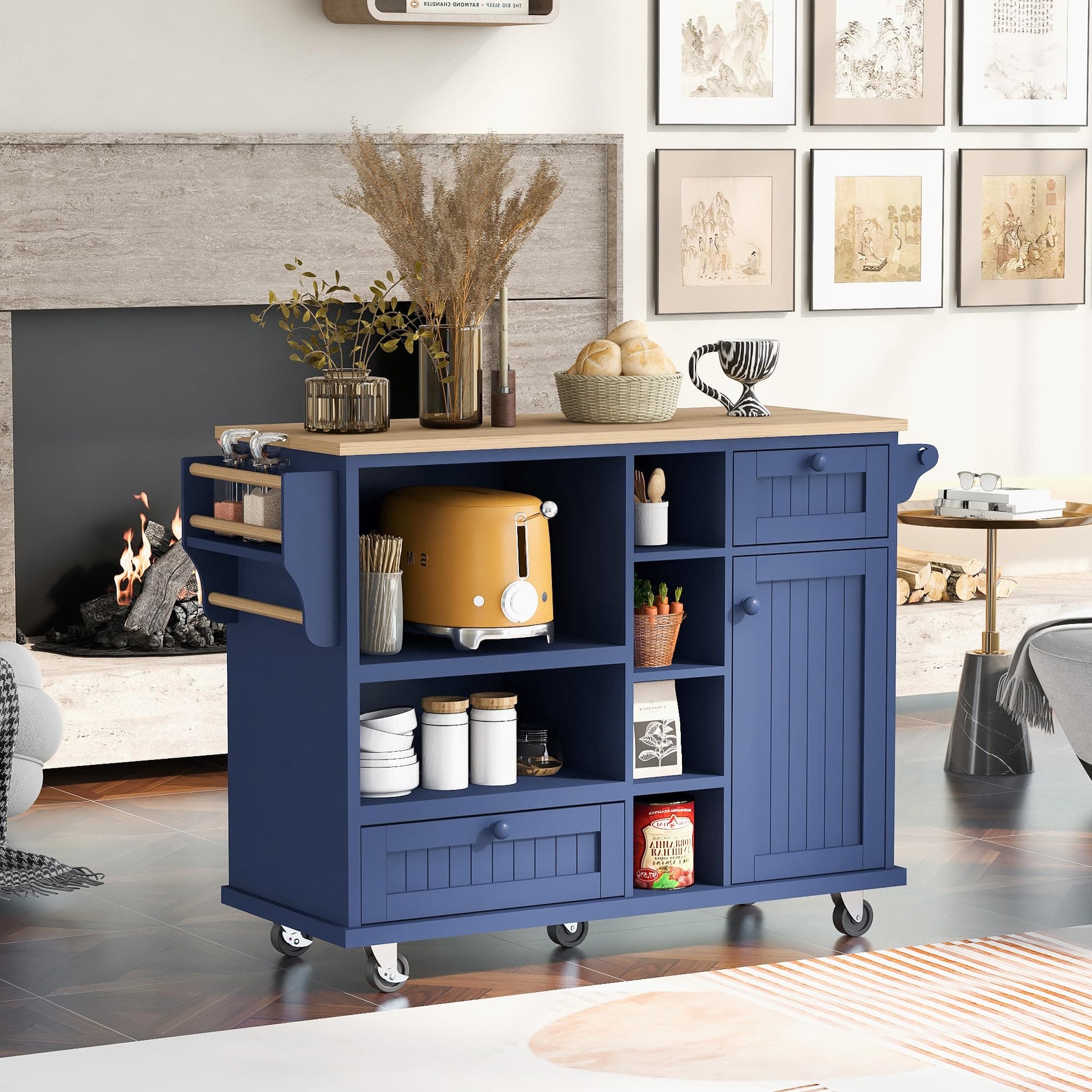 LUMISOL Kitchen Island Cart with Solid Wood Top and Storage Cabinet Mobile Kitchen Cart with Microwave Storage for Dining Room Living Room Dark Blue