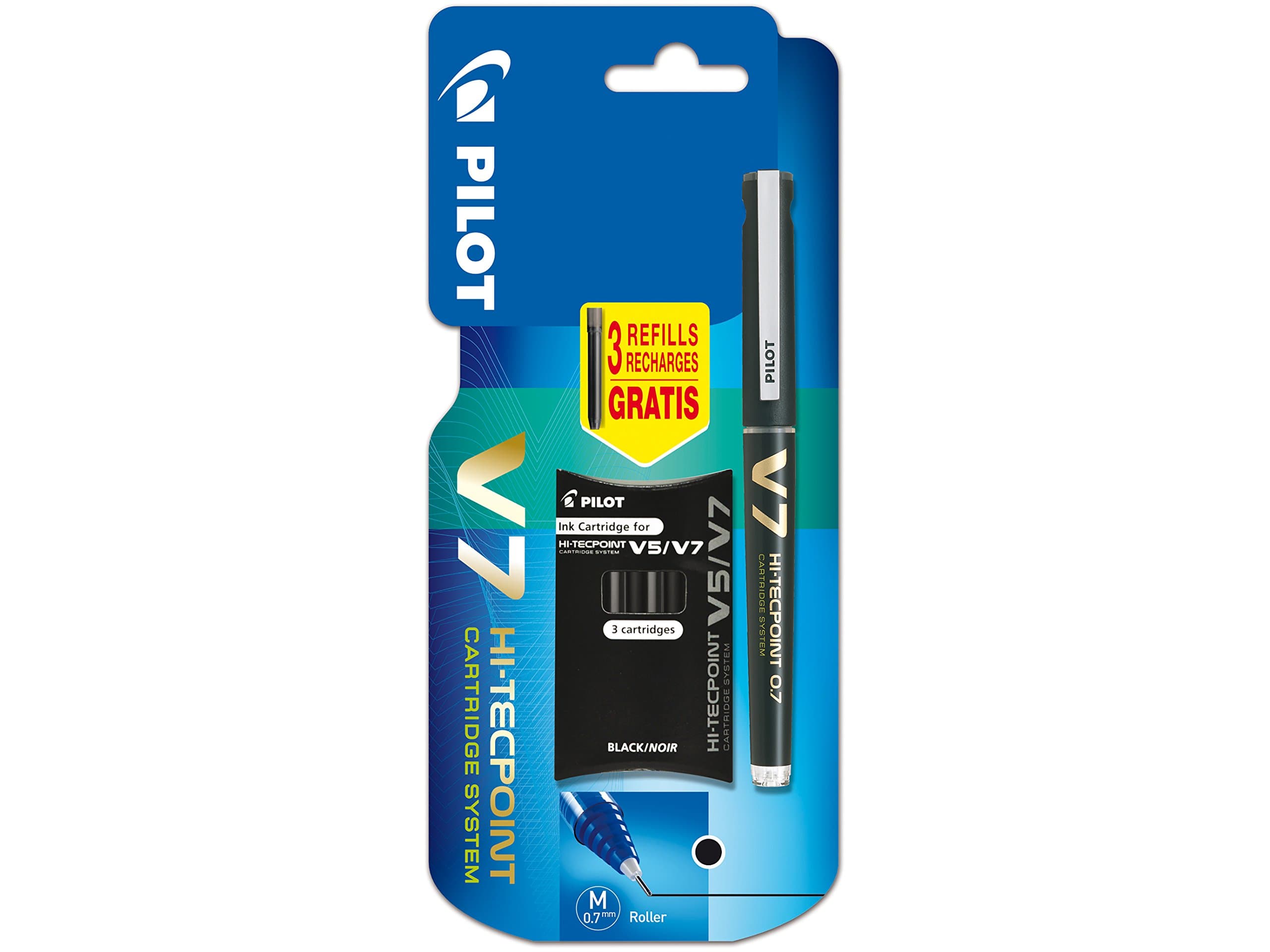 V7 Cartridge System Liquid Ink Rollerball 0.7 mm Tip - Black, Single Pen with 3 Free Refills