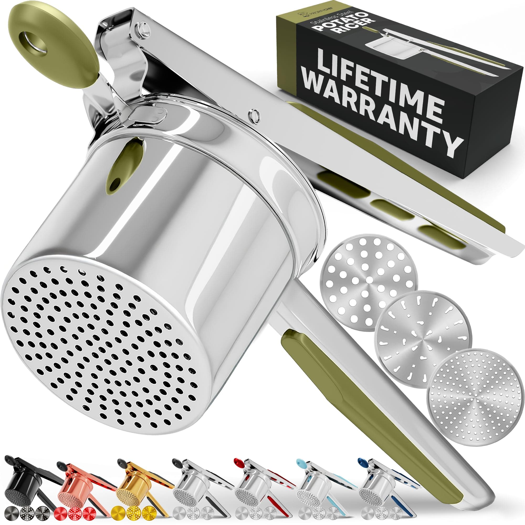 PriorityChef Large 15oz Potato Ricer With 3 Discs, Heavy Duty Stainless Steel Potato Ricer for Mashed Potatoes, Potato Masher, Press and Ricer Kitchen Tool, Olive Green