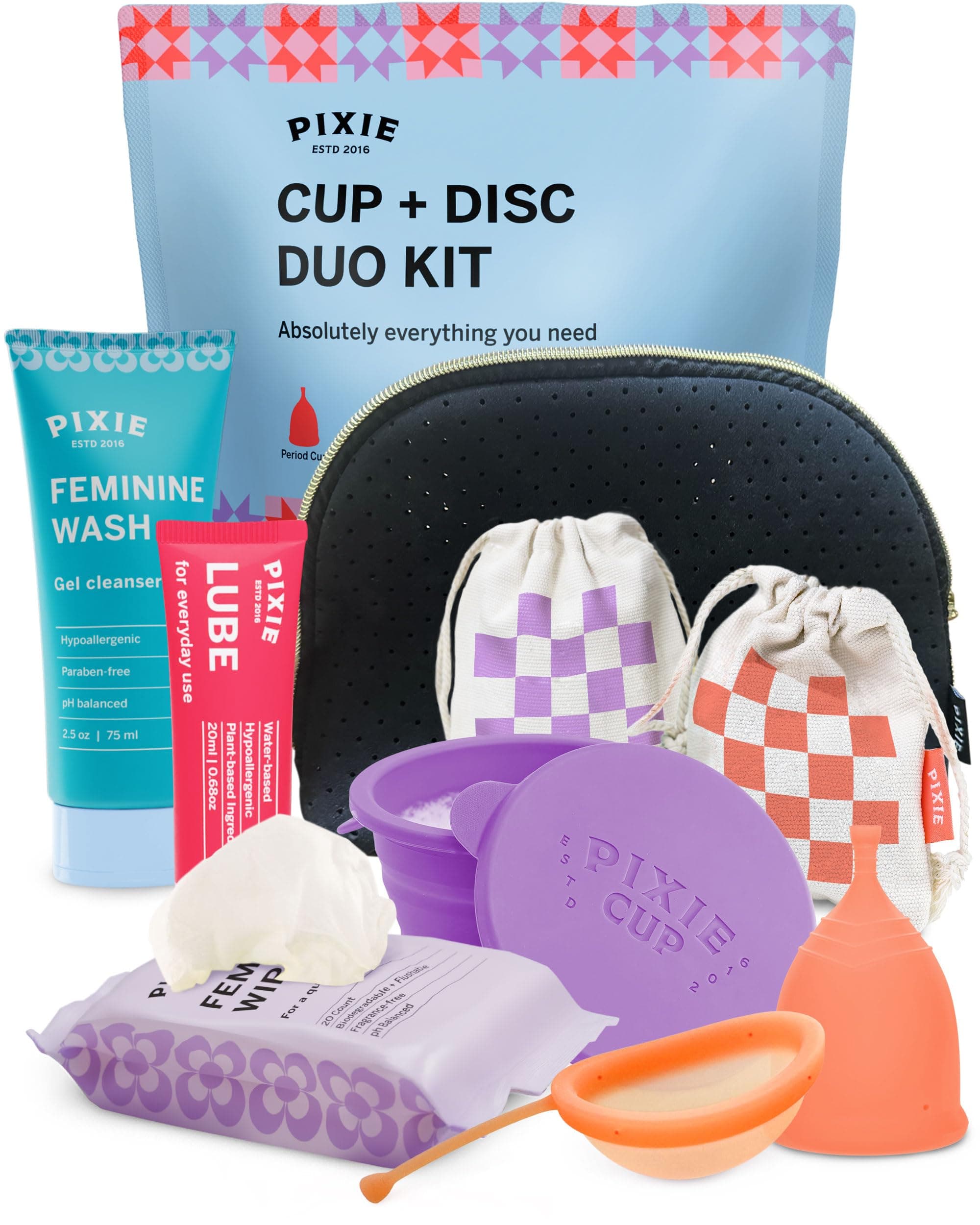 Pixie Menstrual Cup & Disc Duo Kit for Feminine Care - Most Comfortable Reusable Period Cup & Disc - Buy One We Give One - with Guide, Flushable Wipes, Lube, Feminine Wash, Carry Cup & Storage Bag
