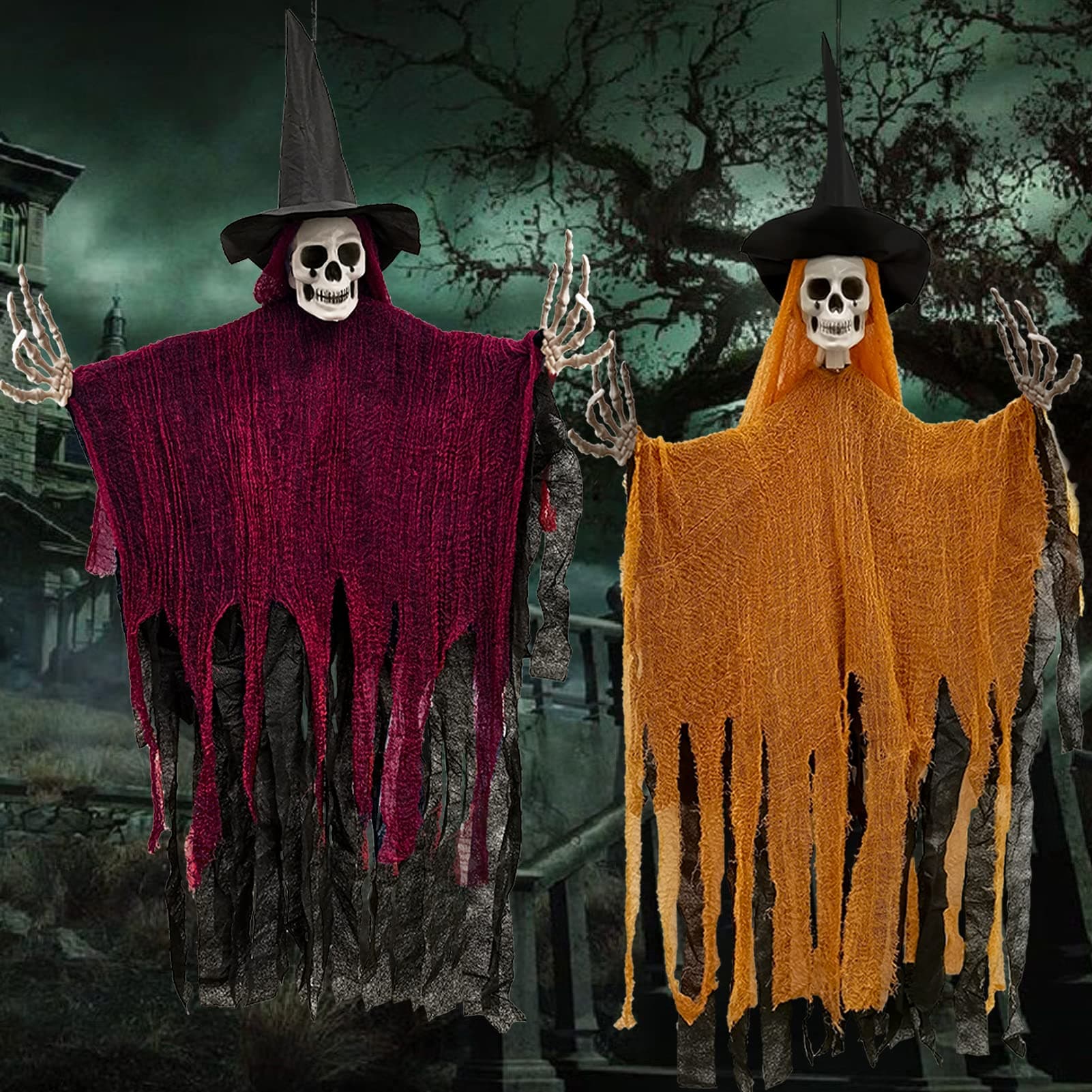 2 Pack Halloween Decorations Outdoor Hanging Skeleton Ghost Decorations 45.6” Scary Grim Reapers with Hat for Halloween Outside Yard Haunted House Decor Skull Ghost Prop