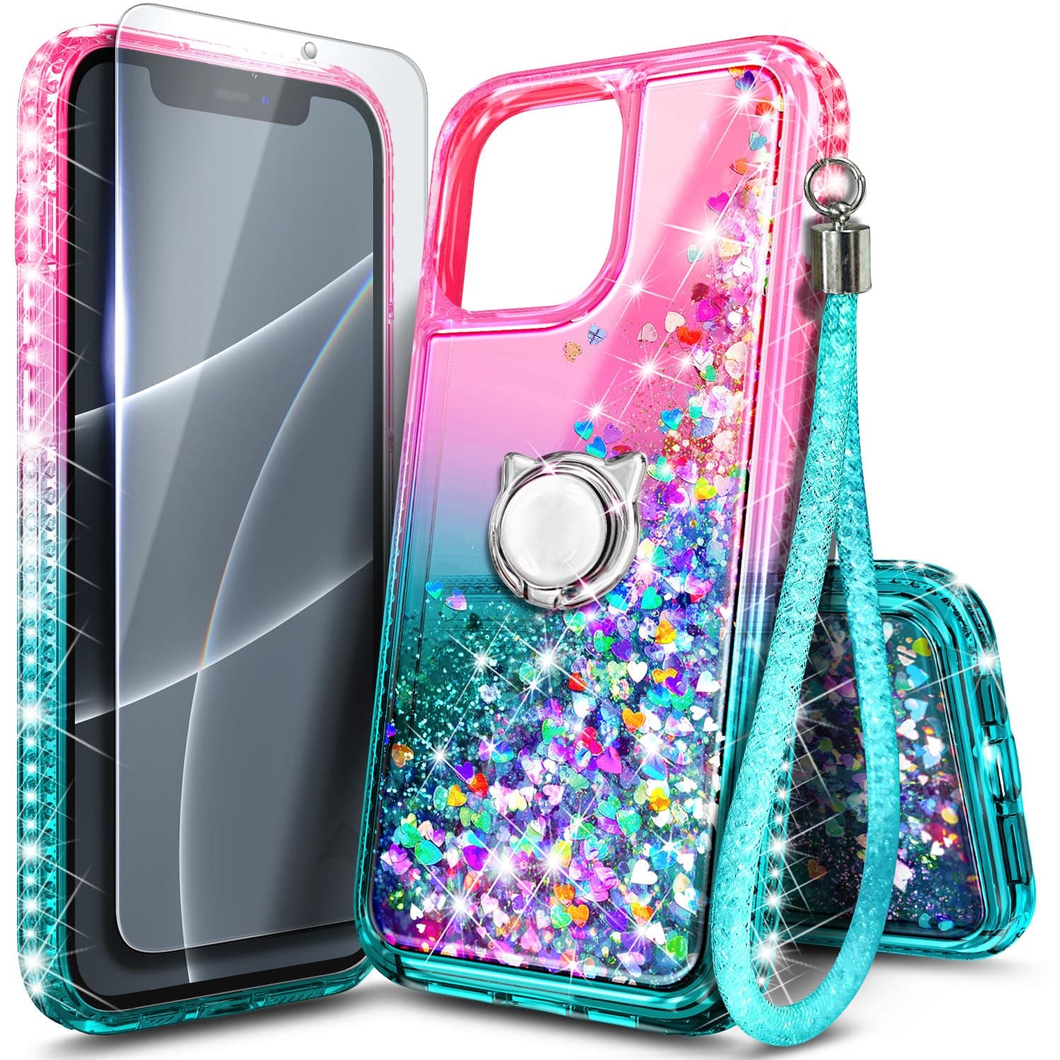 NGB Designed for iPhone 12 Pro-Max Case, Pink/Aqua | Glitter Liquid Sparkle Cute Cover for Women Girls Kids | with Tempered Glass Screen Protector & Ring Holder & Wrist Strap