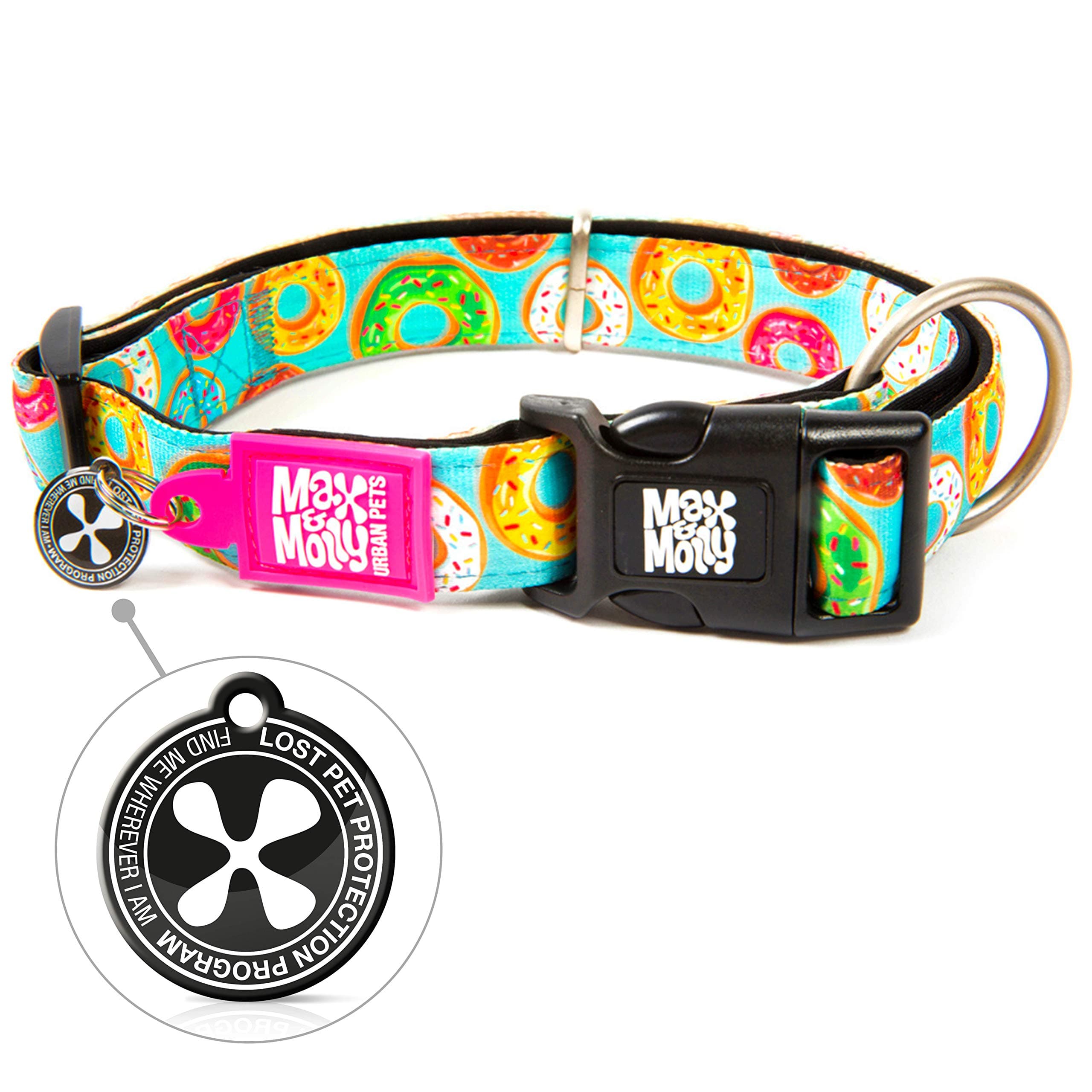 Max & Molly Donuts Smart Id Collar |Comfortable | Odor Free Neoprene |Smart Id Tag | Lost Pet Protection Program | Extraordinary Dog Collar, M