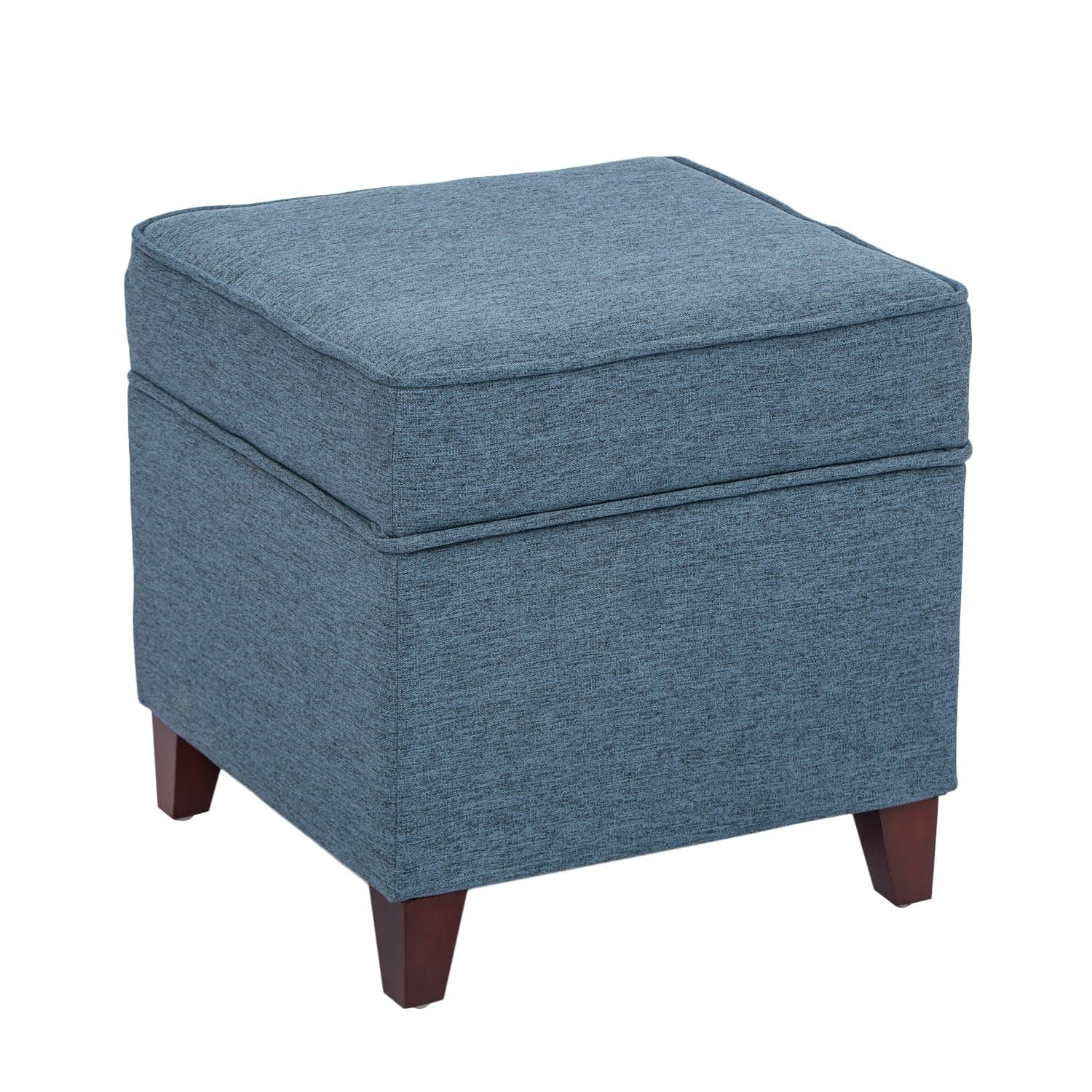 17" Square Ottoman with Storage, Small Blue Storage Ottoman Foot Rest with Hinged Lid & Solid Wood Legs, Linen Fabric Foot Stool for Living Room & Bedroom, Seasonal Home Refresh & Gifting