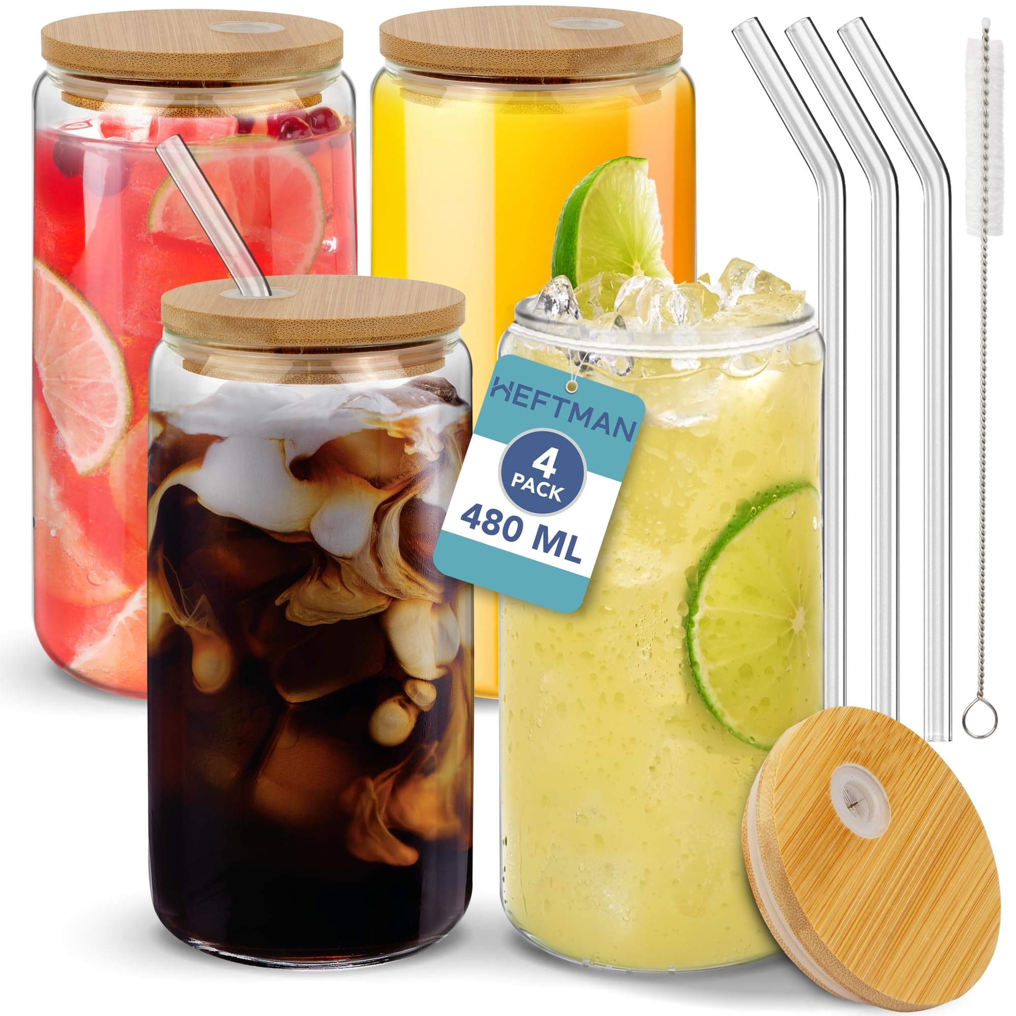 HEFTMAN Glass Cups with Lids and Straws - 4 Pack Empty 480ml Can Shaped Glasses with Airtight Bamboo Lids, Glass Straws & Straw Cleaning Brush - Iced Coffee Glass for Smoothies, Beer, Parties, BBQ