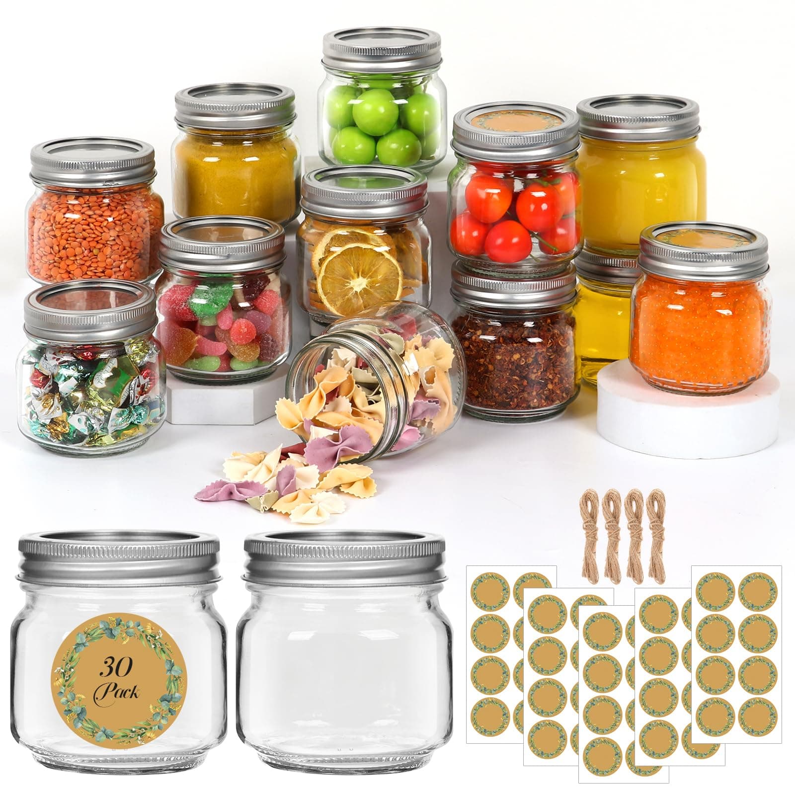 SZUAH 30 Pack Glass Mason Jars 8 oz with Regular Lids and Bands, Half Pint Canning Jars, Small Mason Jars for Jam, Honey, Pickles, Spices, Candle, Jelly, Wedding Favors & DIY Crafts