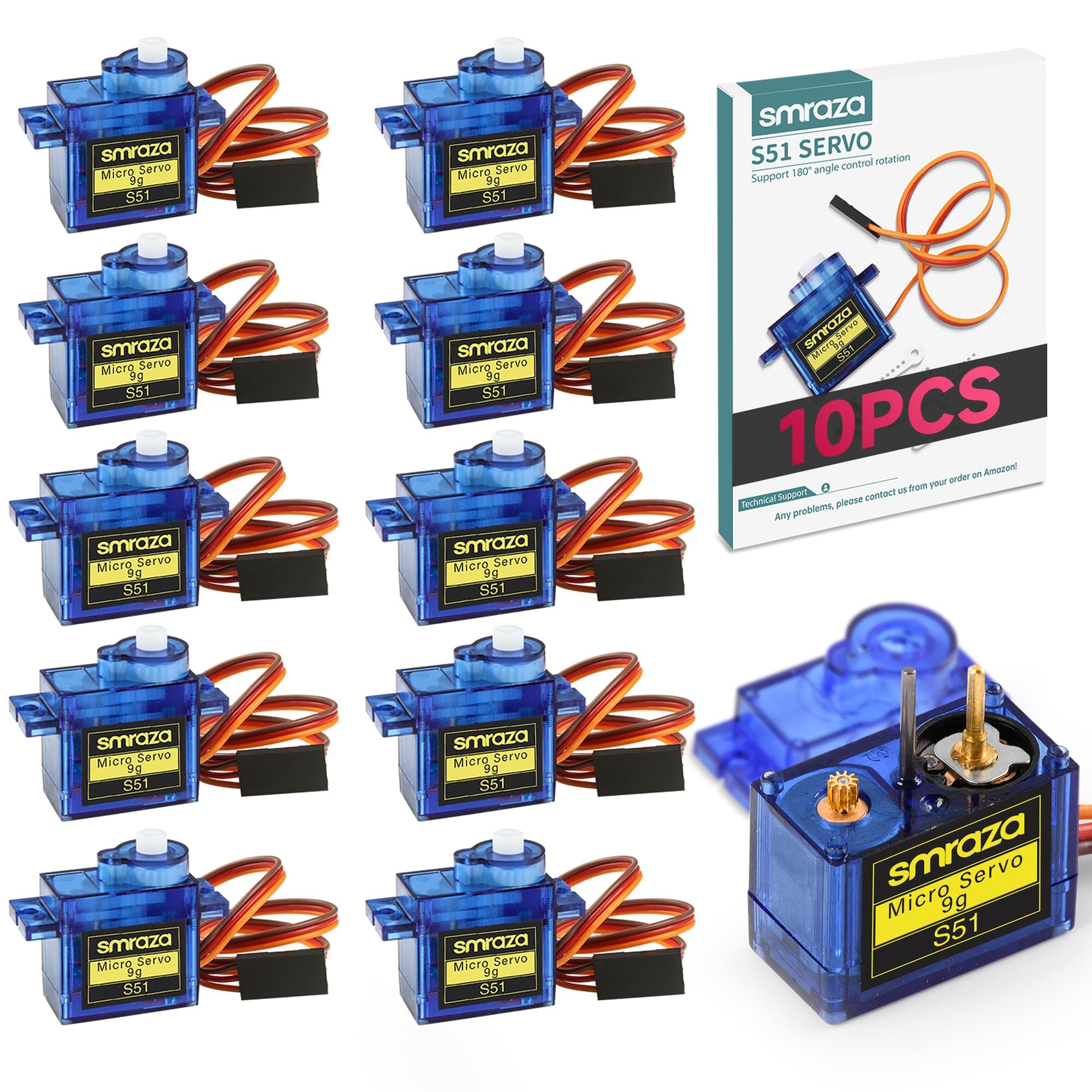 Smraza 10 Pcs SG90 9G Micro Servo Motor Kit for RC Robot Arm/Hand/Walking Helicopter Airplane Car Boat Control with Cable, Mini Servos for Arduino Project