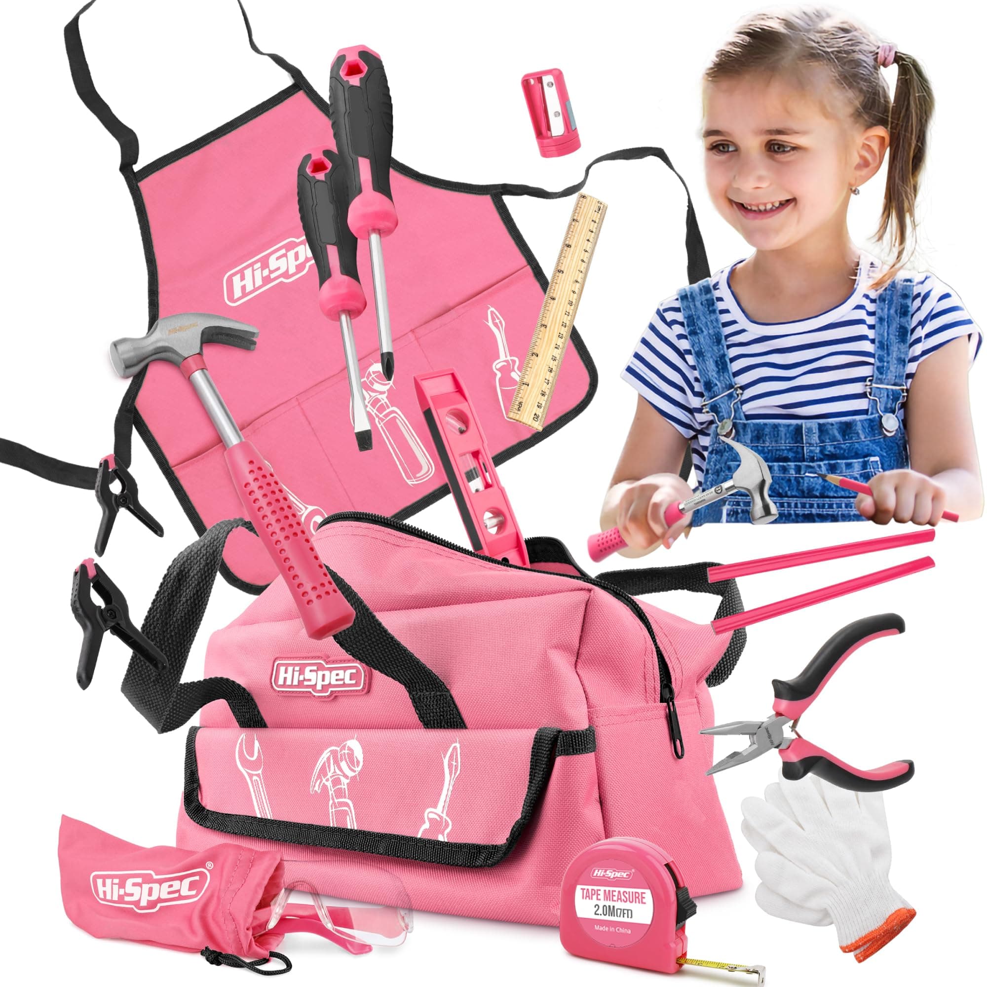 Hi-Spec Kids Real Tool Set with Pink Tool Bag and Accessories - Genuine Metal DIY Tools for Hands-On Learning and Building Projects - Perfect for Starters and Beginners