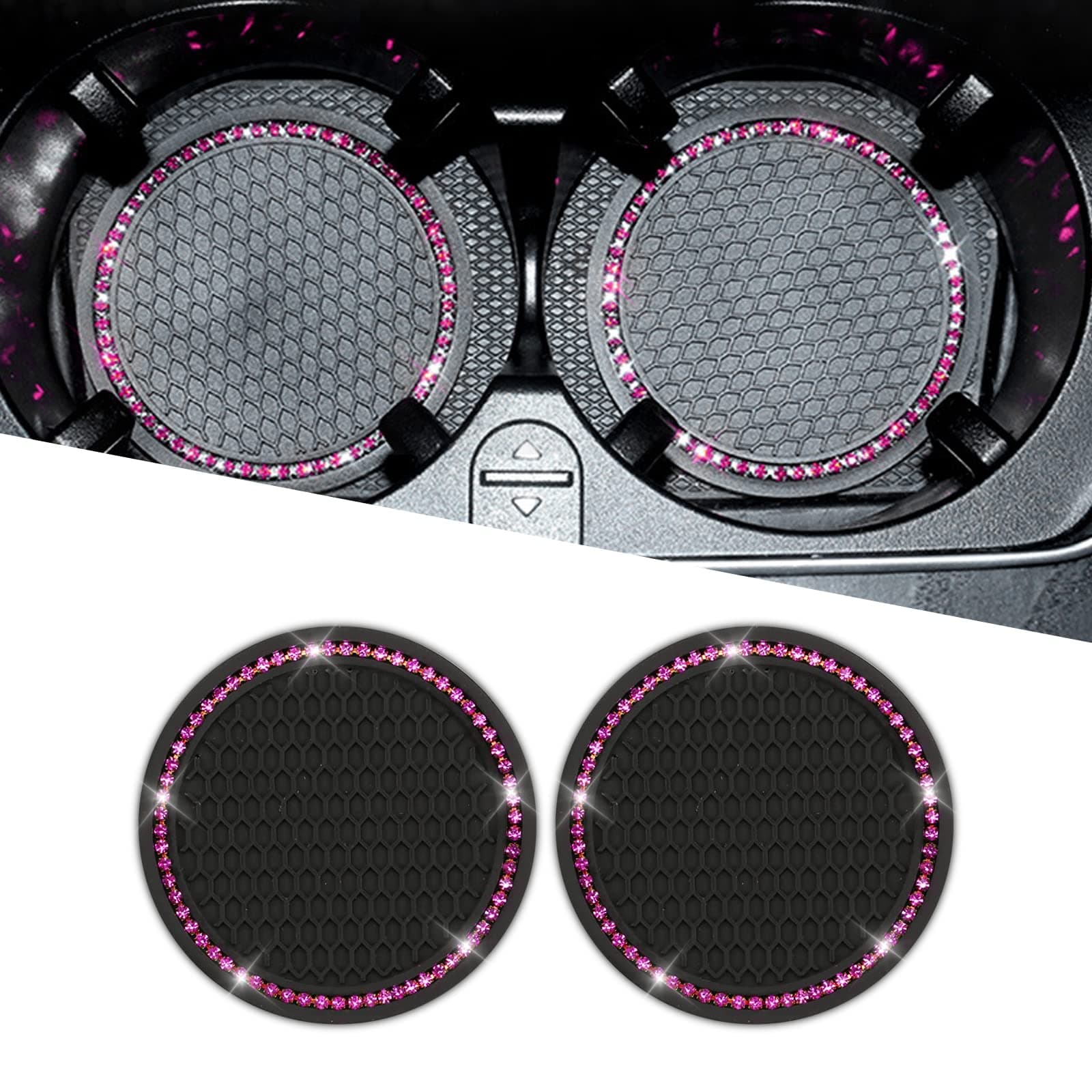Fogfar Pack-2 Bling Car Cup Holder Coasters, 2.76 Inch Auto Anti Slip Cup Holder Insert Coasters, Universal Anti Slip Cup Holder Coasters (Black with Pink Diamond)