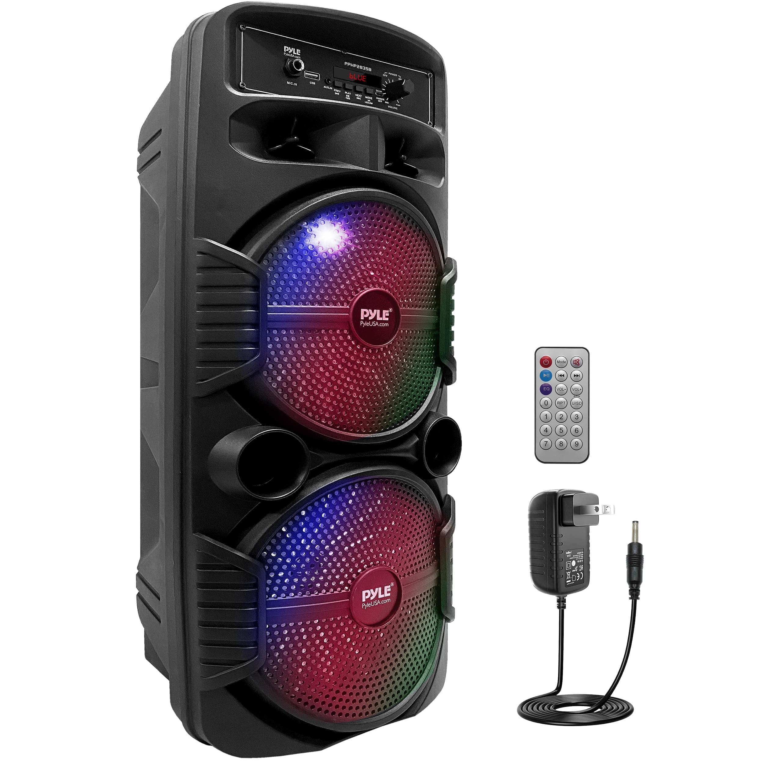 Pyle Portable Bluetooth PA Speaker System - 600W Rechargeable Outdoor Bluetooth Speaker Portable PA System w/ Dual 8” Subwoofer 1” Tweeter, Microphone In, Party Lights, USB, Radio, Remote - PPHP2835B