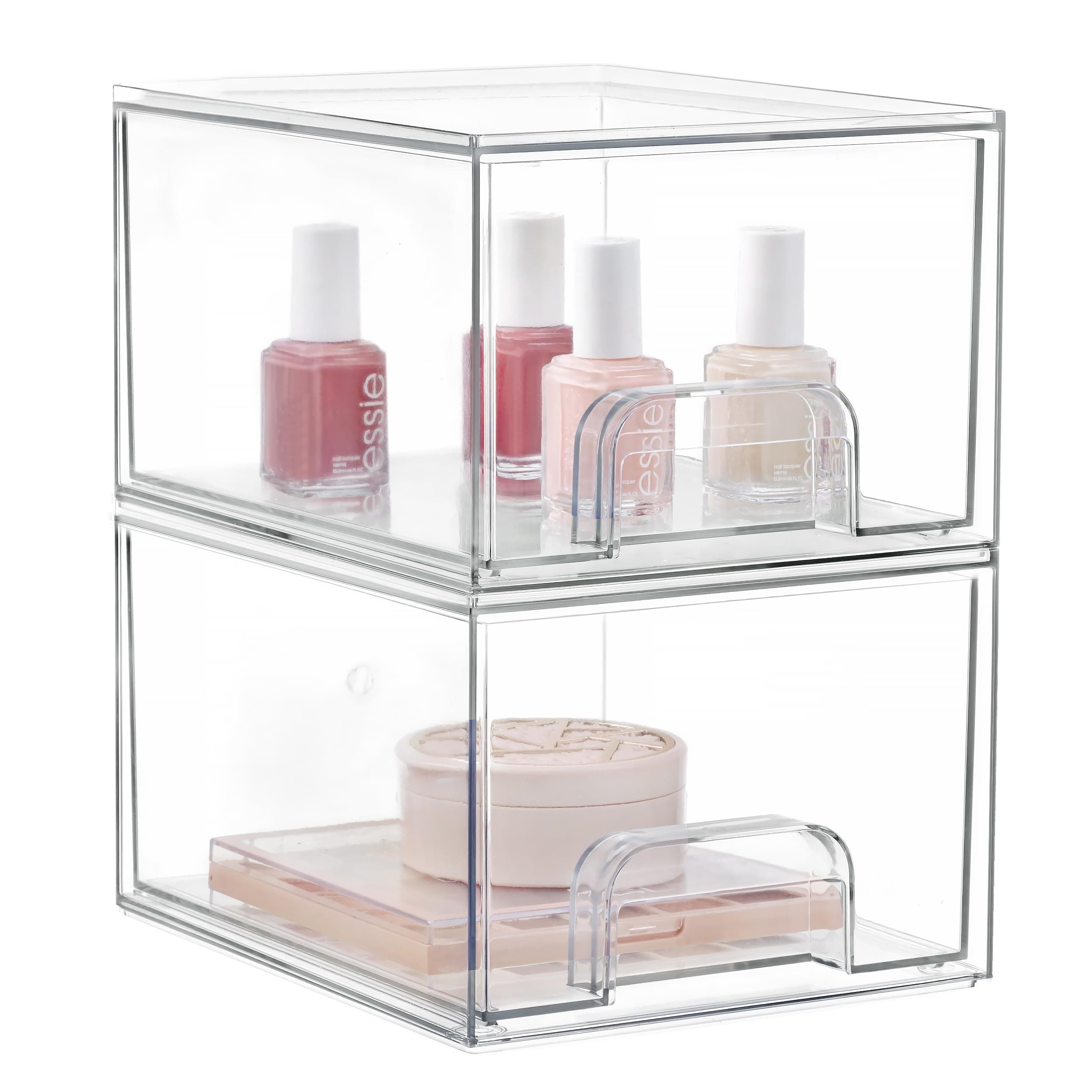 Vorey 2 Pack Stackable Makeup Organizer Storage Drawers, Acrylic Organizers, Clear Plastic Storage Bins with Handles for Vanity, Undersink, Kitchen Cabinets, Pantry, Bathroom Organizers and Storage