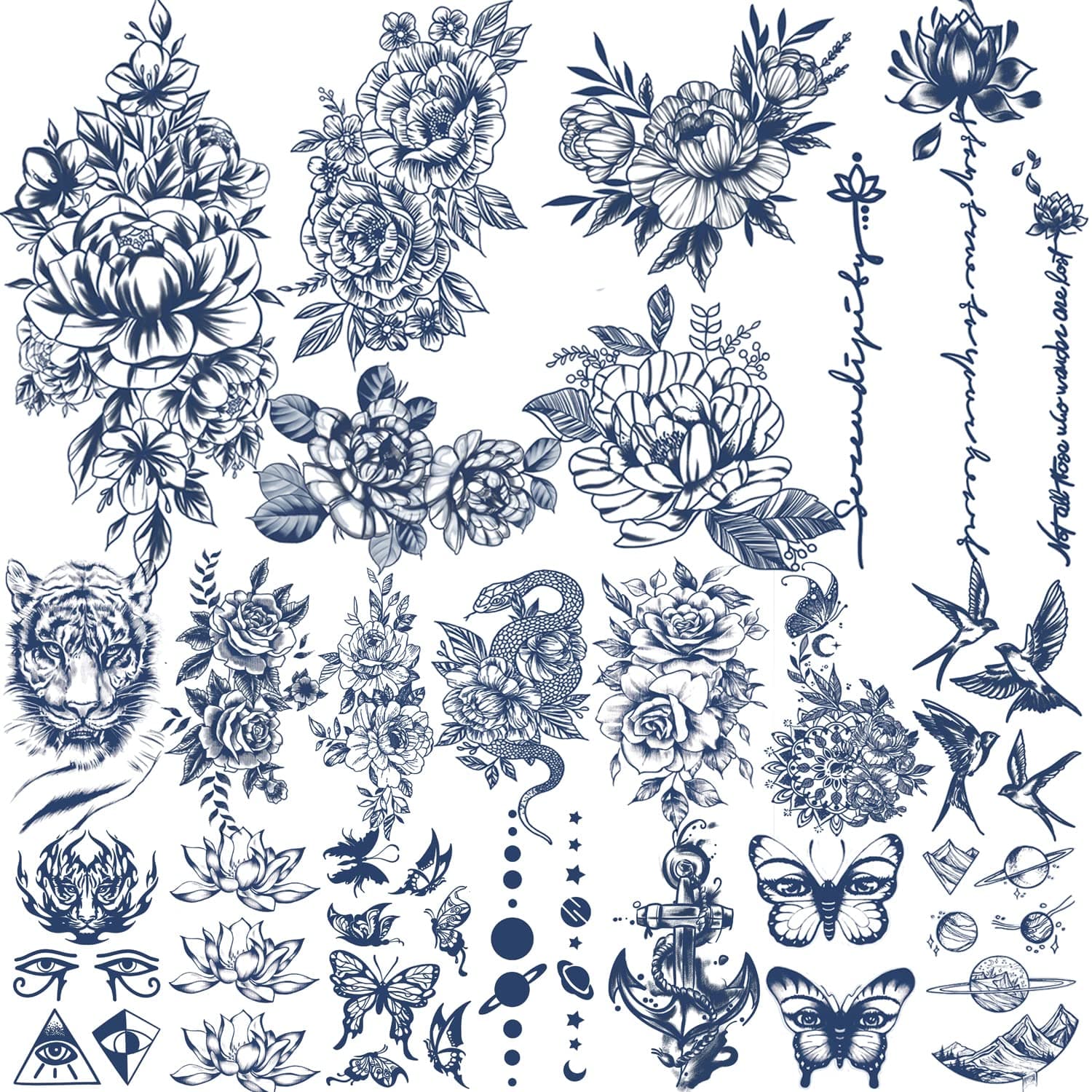 18 Sheets Semi-Permanent Tattoos for Women,4 sheets Large Flower Rose Wolf Dark Blue Fake Tattoos and 14 sheets Small Tattoo for Adult Men Kids Lasting 1-2weeks Temporary Tattoo Stickers (Butterfly)