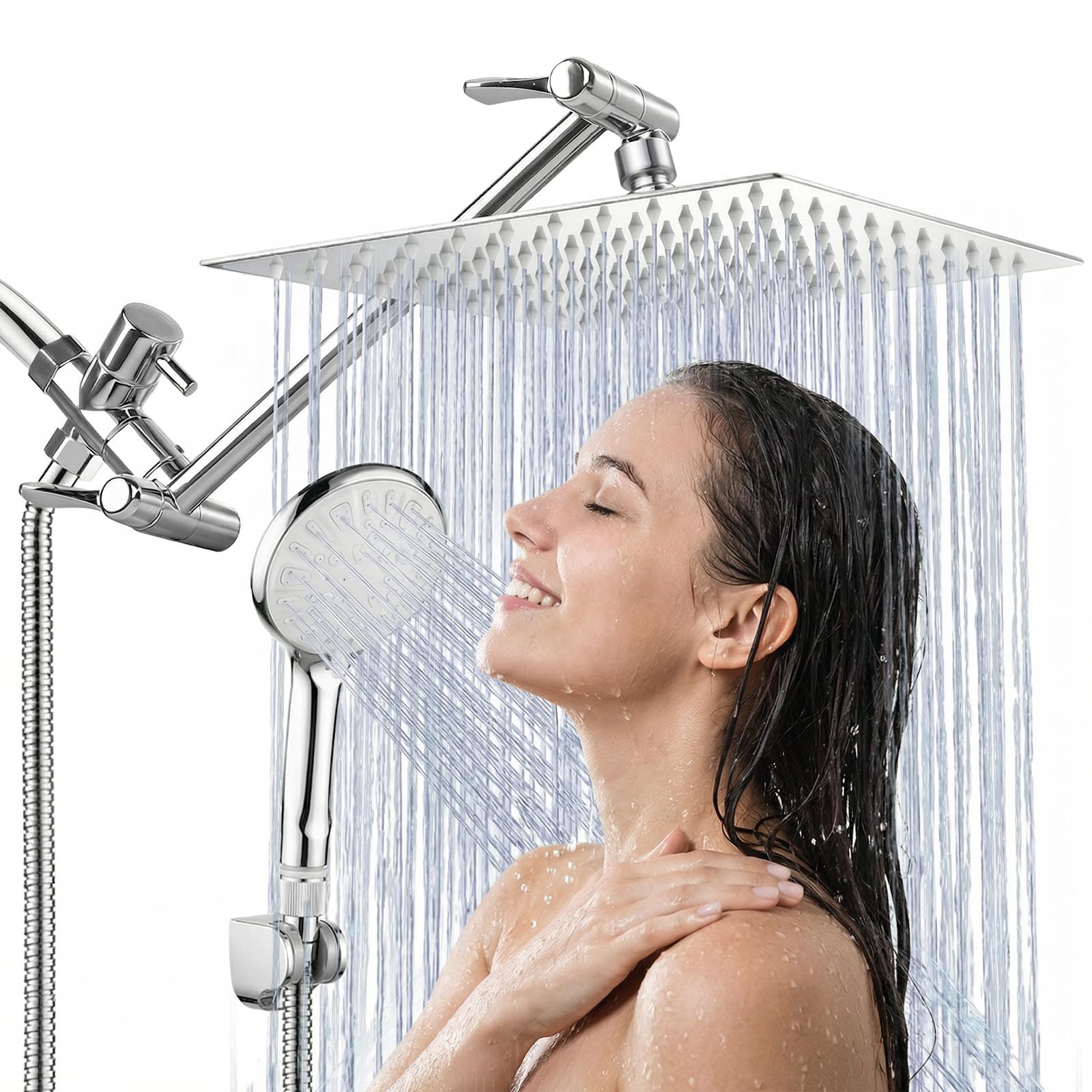 Shower Head, 8 Inch High Pressure Rainfall Shower Head/Handheld Shower Combo with 11 Inch Extension Arm, 9 Settings Adjustable Anti-leak Shower Head with Holder/Hose, Height/Angle Adjustable