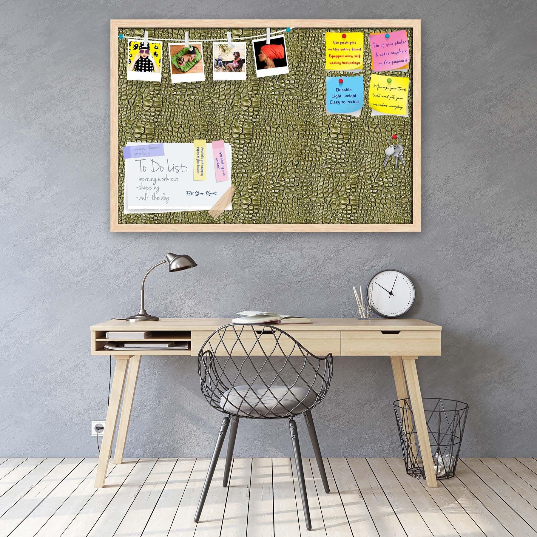 ArtzFolio Alligator Hide | Bulletin Board Notice Pin Board | Vision Soft Board Combo with Thumb Push Pins & Sticky Notes | Natural Brown Frame | 24 x 16 inch (61 x 41 cms)
