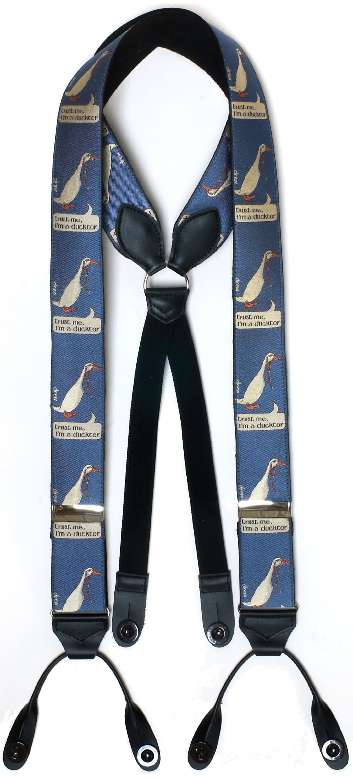 Albert Thurston Trust Me I''''m a Ducktor by Simon Drew Silk Braces. Light Blue. One Size.'''