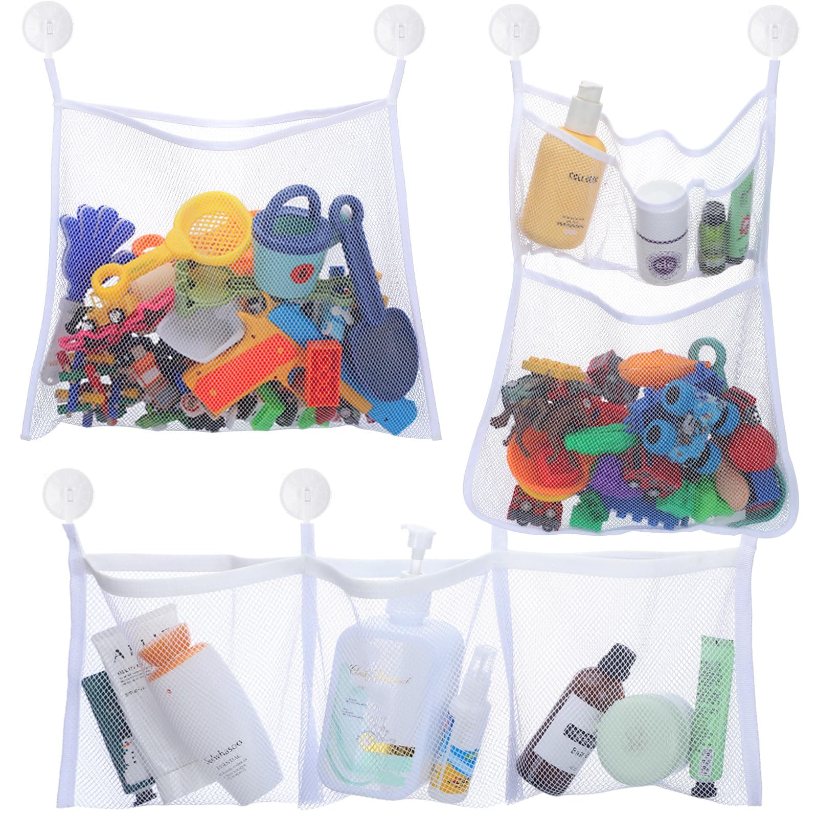 3 Pcs Mesh Bath Toy Storage Bath Toy Organizer with 8 Ultra Strong Hooks Bathtub Toy Holder Car Toy Net Organizer Hanging Multi Use Net Bags for Cruise Bathroom Tub Accessory
