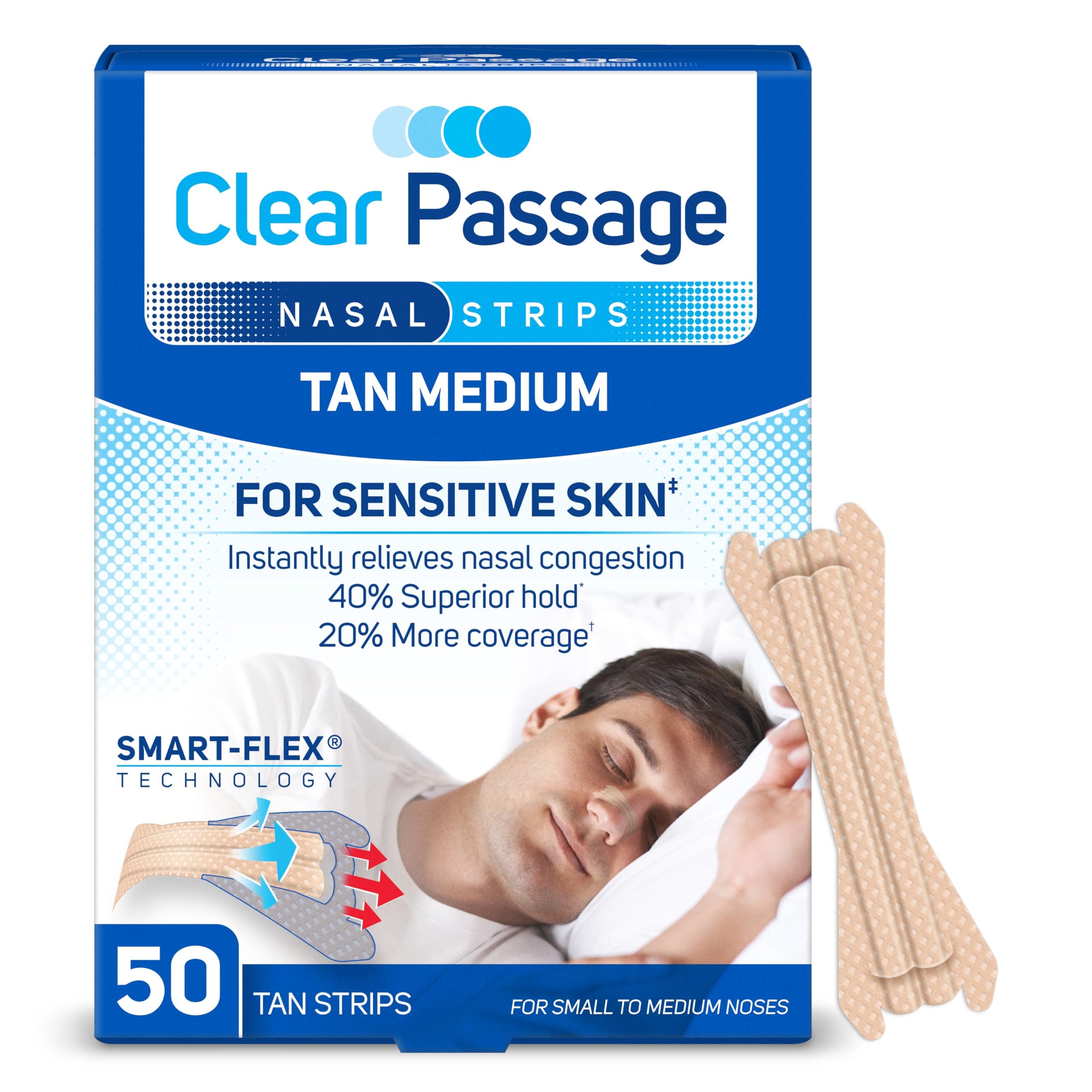 Clear Passage Nasal Strips Small to Medium, Tan, 50 Count | Works Instantly to Improve Sleep, Reduce Snoring, Relieve Nasal Congestion Due to Colds & Allergies