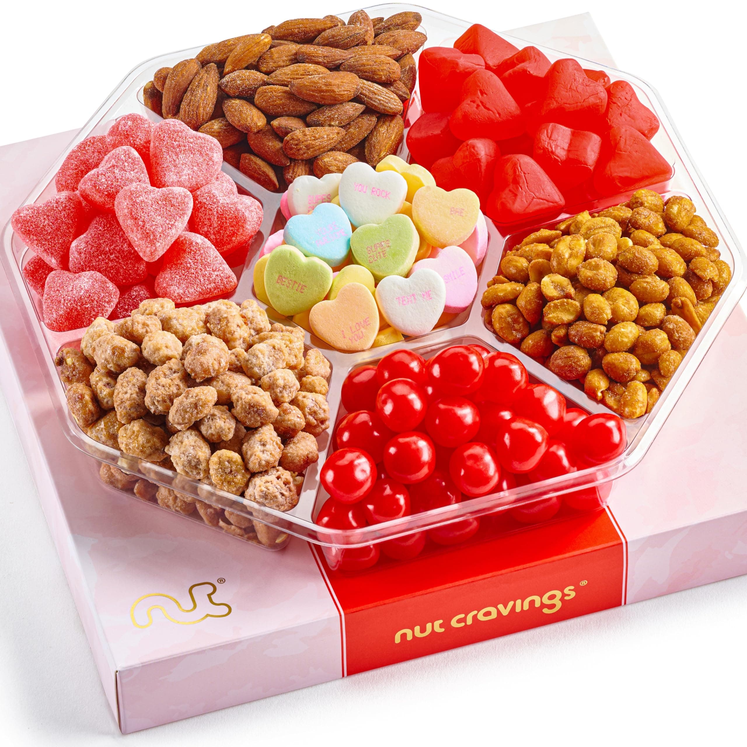 NUT CRAVINGS - Mothers Day Treats, Mixed Nuts & Heart Candy Gift Basket in Red Gold Box (7 Assortments, 1 LB) Treats for Adults, Food Arrangement, Healthy Snack Care Package, Kosher