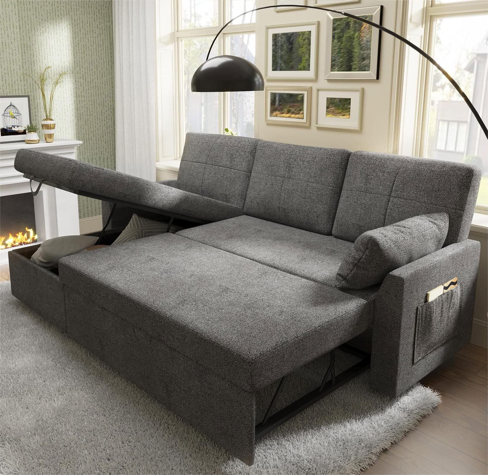 Papajet Sofa Bed, 2 in 1 Sofa Sleeper with Storage Chaise-Pull Out Couch Bed for Living Room, Sleeper Couch with Pull Out Bed Grey