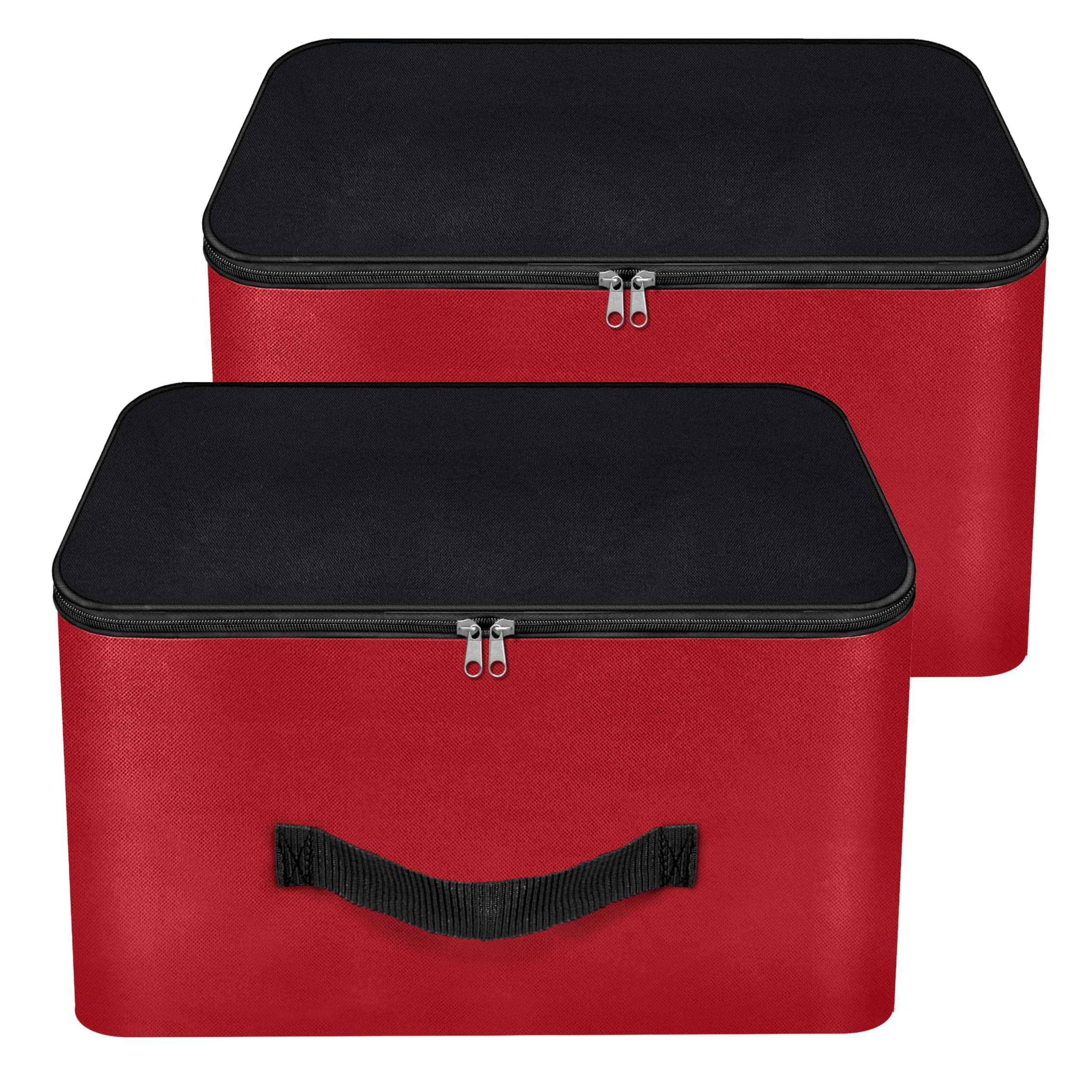 NISUN 2 Pack Nylon Wardrobe Bag Underbed Moisture Proof Cloth Storage Organizer, Storage box for Clothes Saree Bags with Zippered Closure & Handle(Red & Black, 38.1x25.4x35cm),Square
