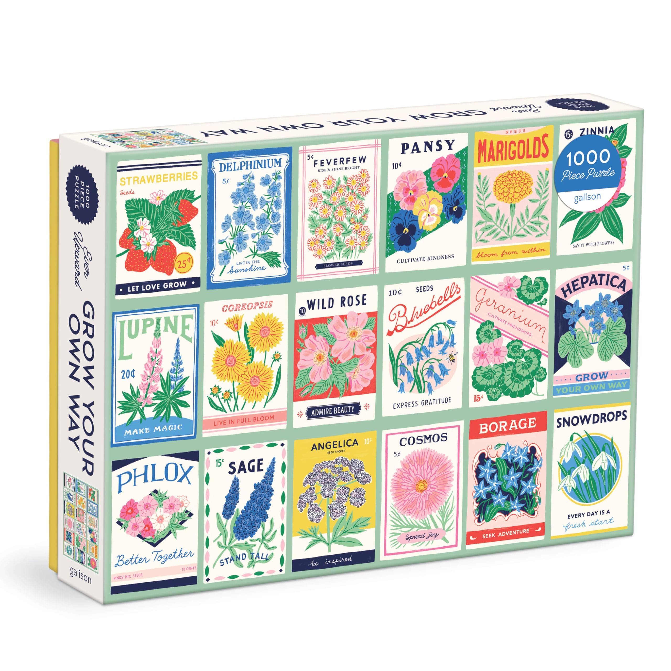 Ever Upward – 1000 Piece Puzzle Fun and Challenging Activity with Bright and Bold Artwork of Vintage Style Flower Seed Packets for Adults and Families