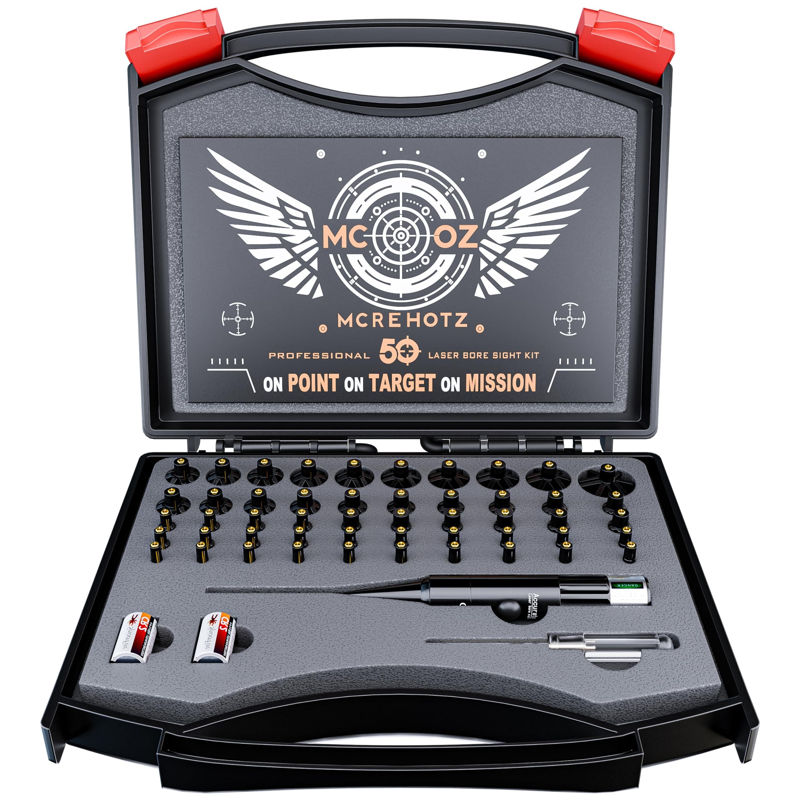 MCREHOTZ Professional Laser Bore Sighting Kit： Green or Red Bore Sight with 50 Adapters - Multiple Caliber Bore Sighter Perfectly Choice for All Gun - .17 Cal to 12GA Rifle Pistol Boresighter