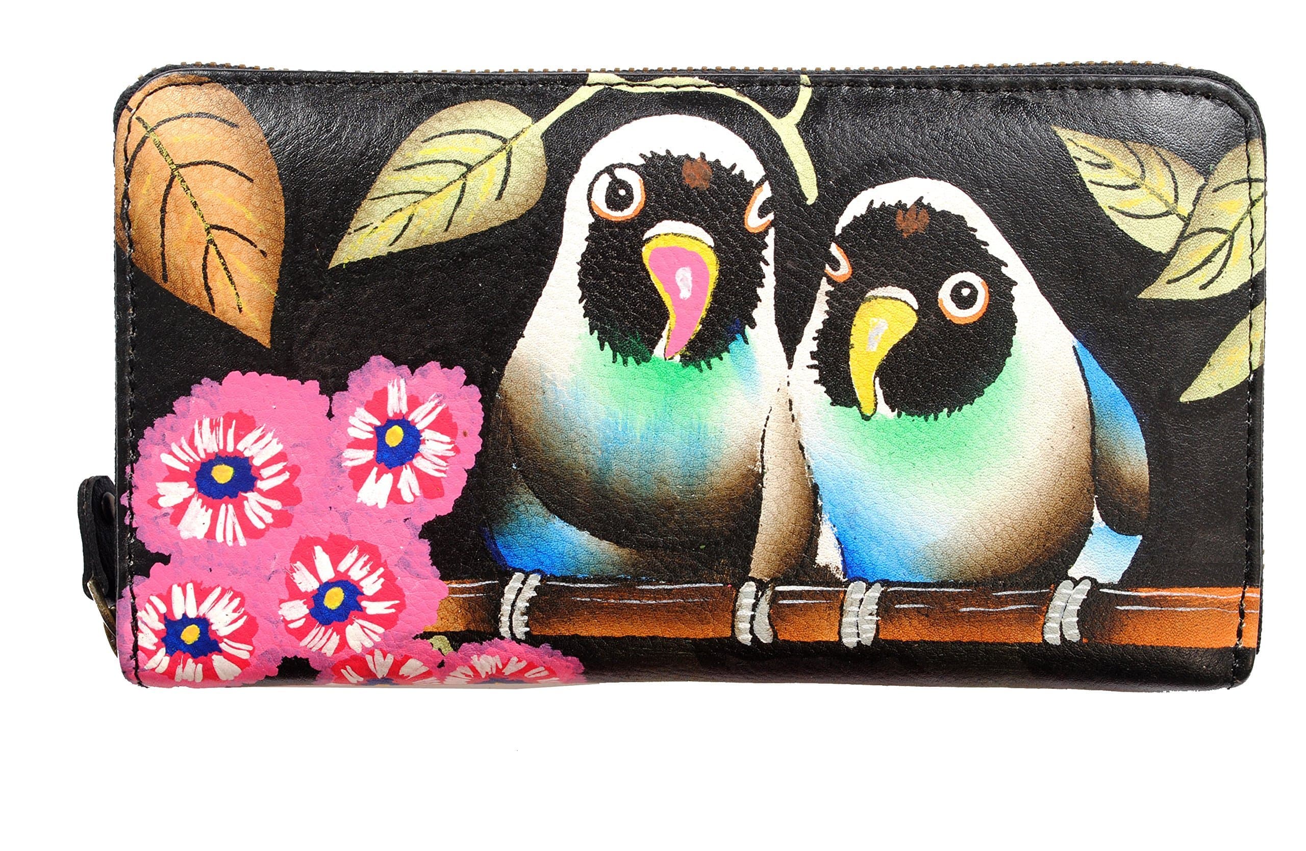 Women's Exotic Parrots Hand Painted Wallet black