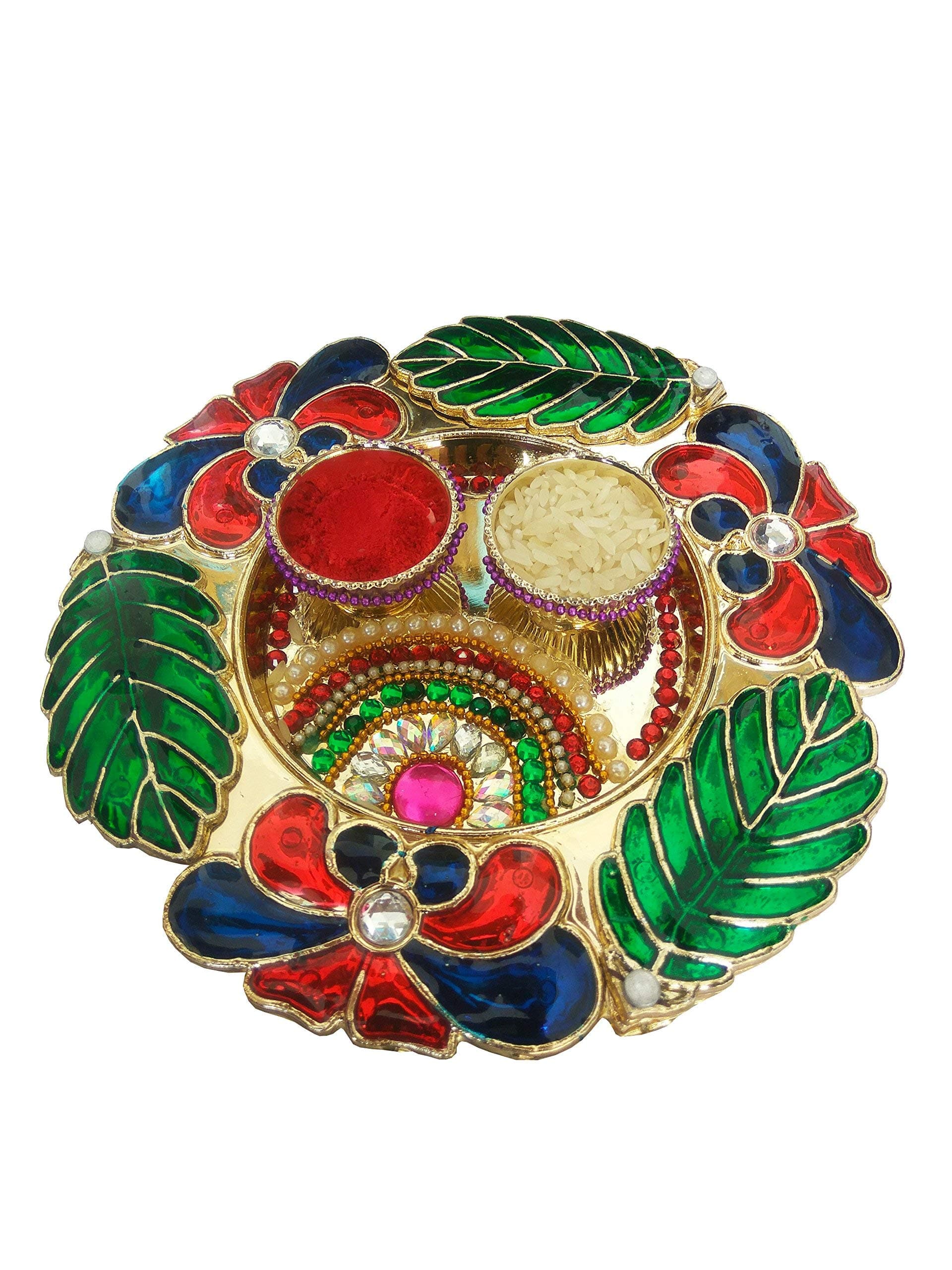 Priyanshi Hand Work & Meena Work Pooja & Tilak Thali Size 6x6 Inches Golden Plated