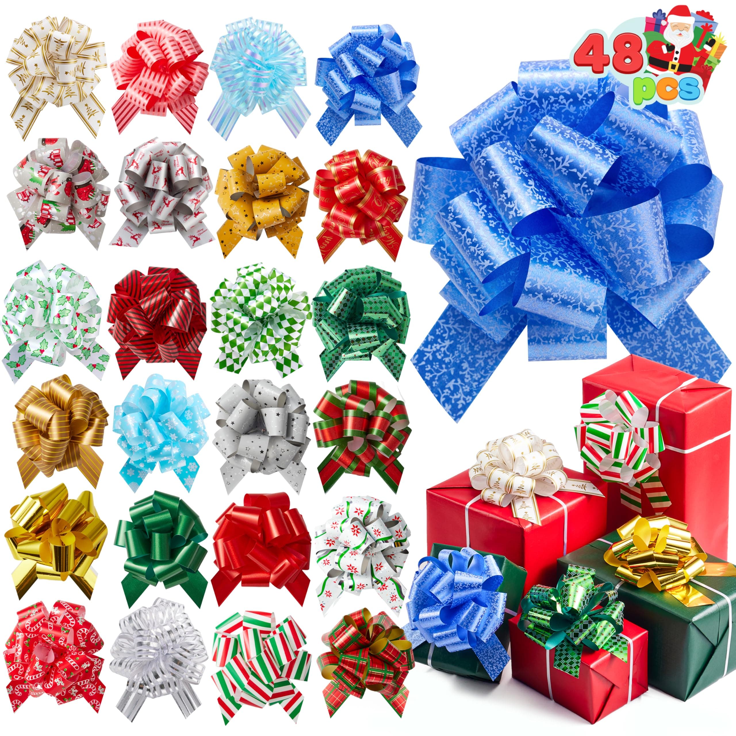 JOYIN 48 PCS Christmas Pull Bows with Ribbon 5” Wide for Gift Wrapping & Gift Tags, Boxing Day Decorations, Holiday Décor Present Wrapping
