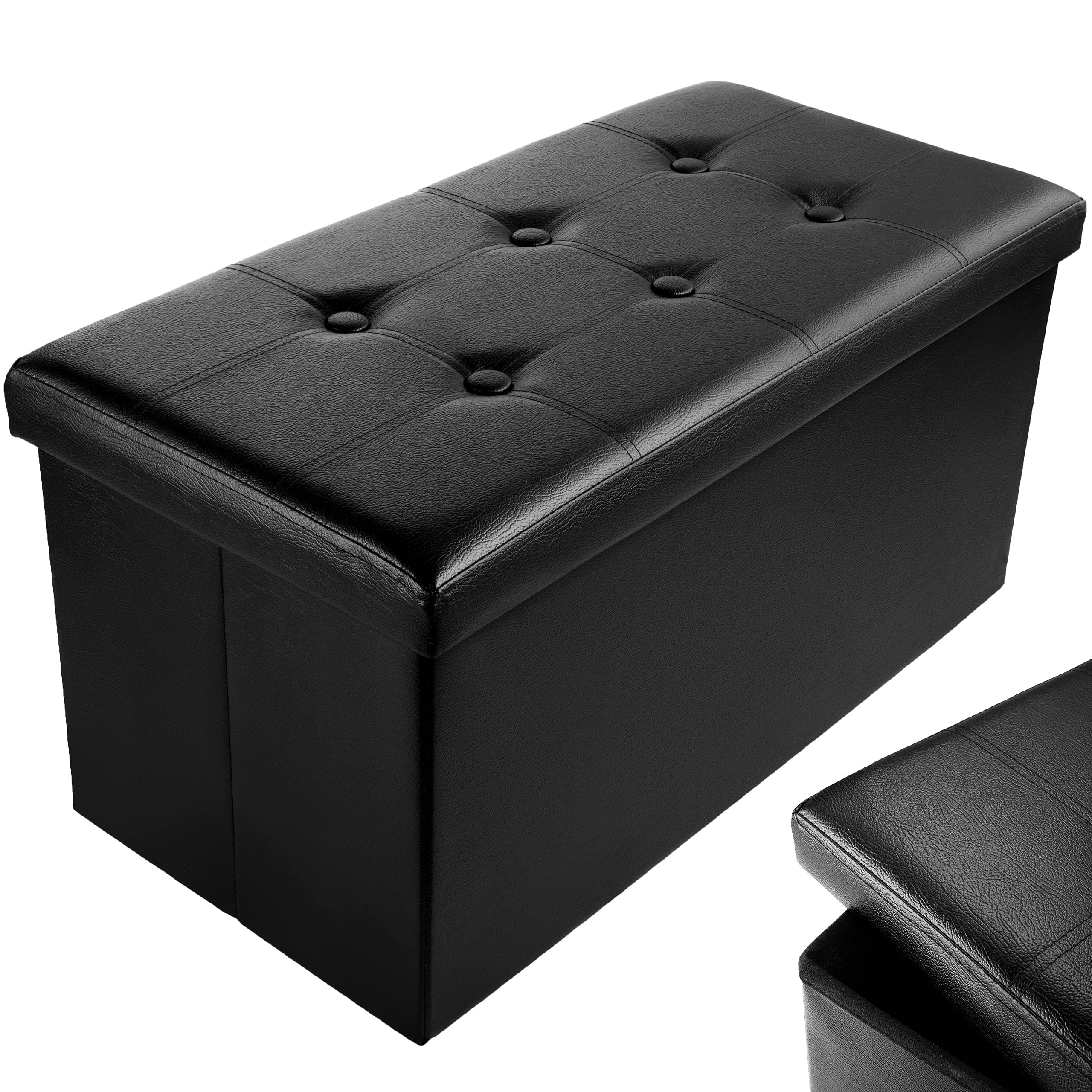 Faux Leather 76 * 38 * 38cm Black Ottoman Foldable Storage Boxes Seat Foot Stool Storage Box with Lids for Kids Toys, Bedroom, Hallway, Living Room