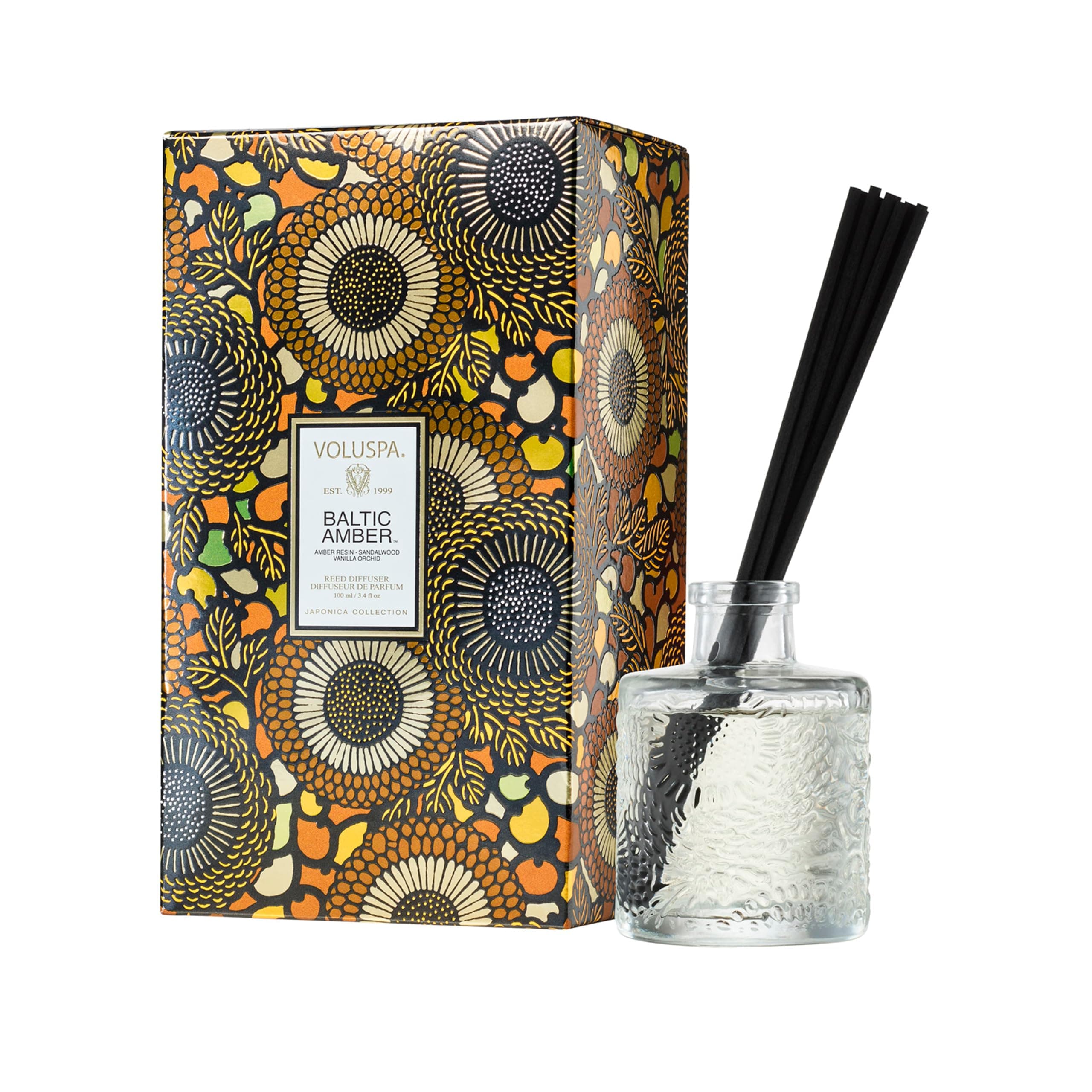 Voluspa Baltic Amber Scented Reed Diffuser, 3.4 oz, Oil Reed Diffusers for Home, Handcrafted in the USA