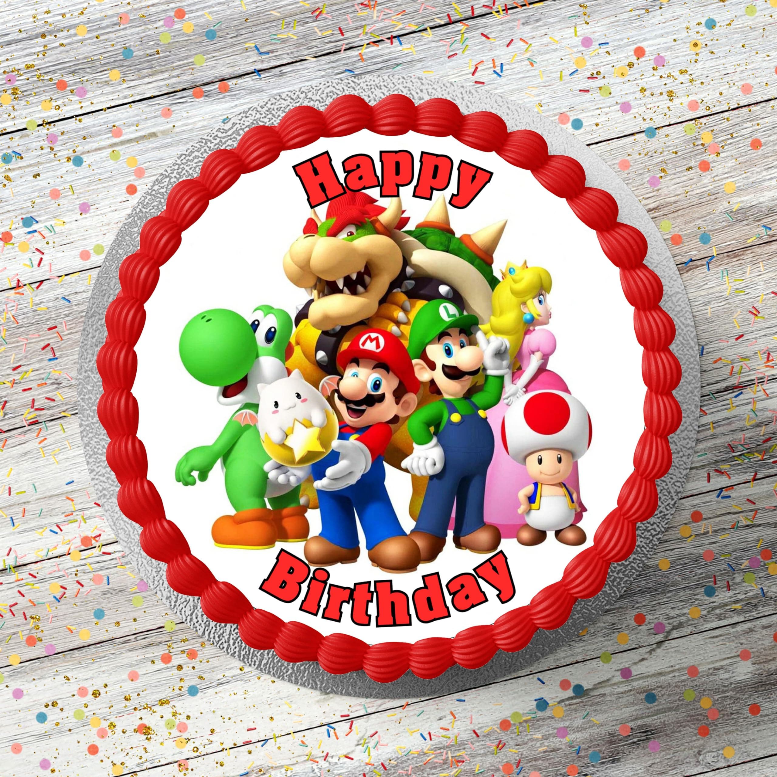 Mario Style Theme Pre Cut Edible Icing Cake Topper 7.5 Inch Round Cake Decoration