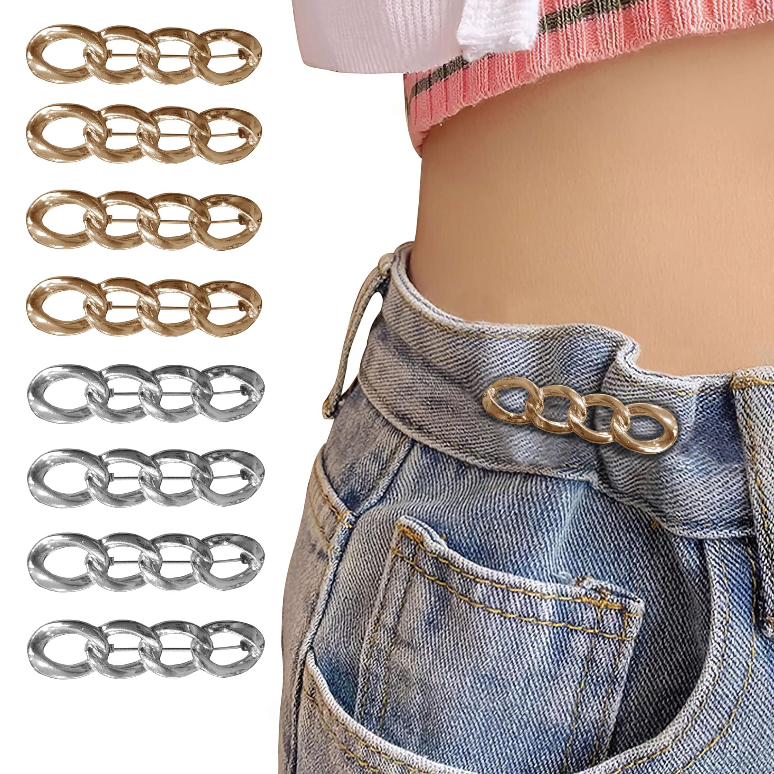 HBSTUDIO 8 Sets Pant Waist Tightener Adjustable Jeans Button Pin, No Need to Sew Detachable Button Pins, Perfect Fit Detachable Instant Button. (Silver and Gold)